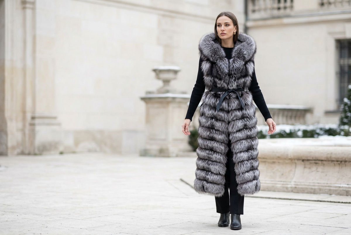 How to Layer a Full-Length Hooded Silver Fox Fur Vest