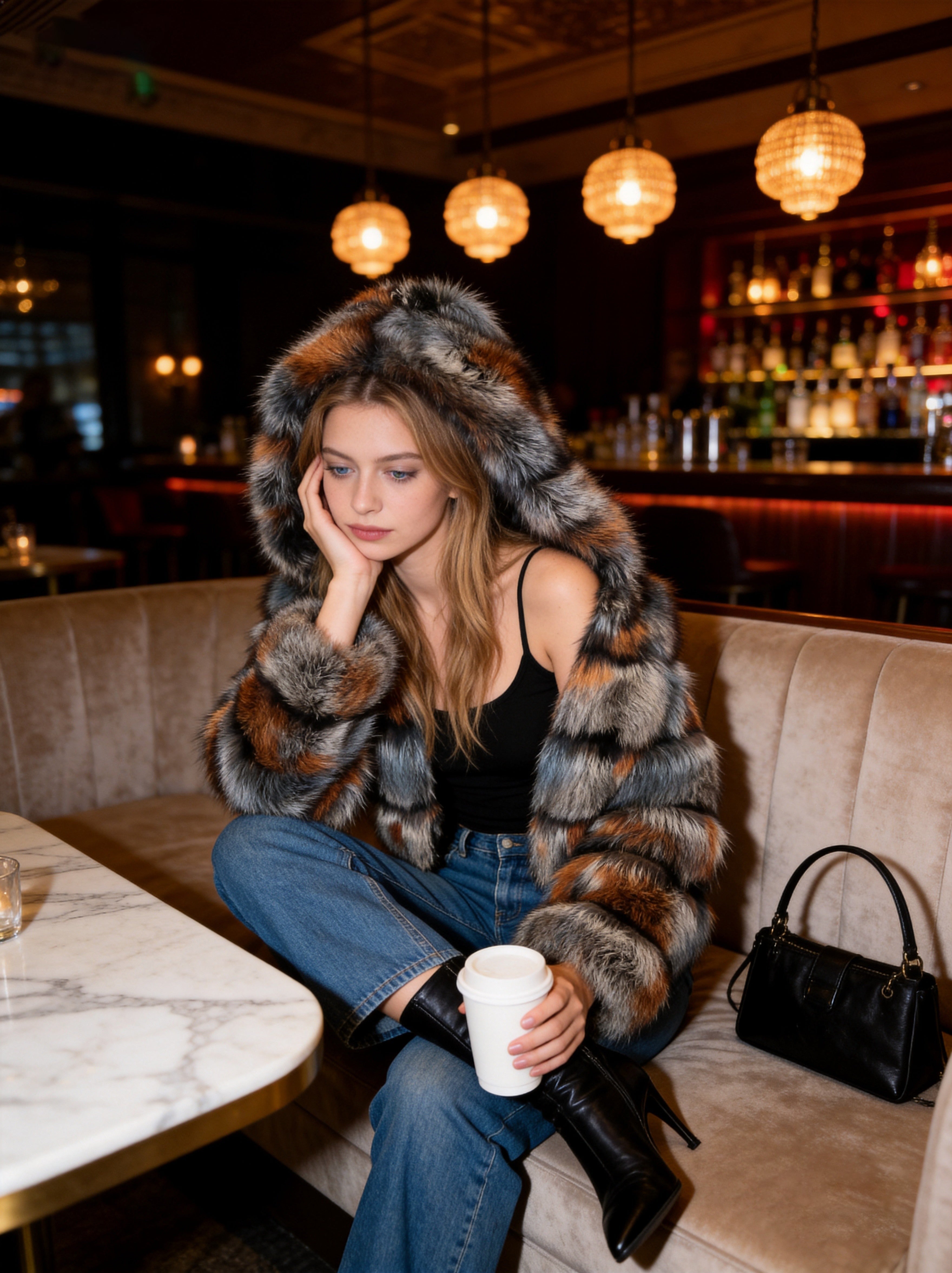 Women's Real Silver Fox Fur Hooded Cropped Jacket - Front View Natural Silver