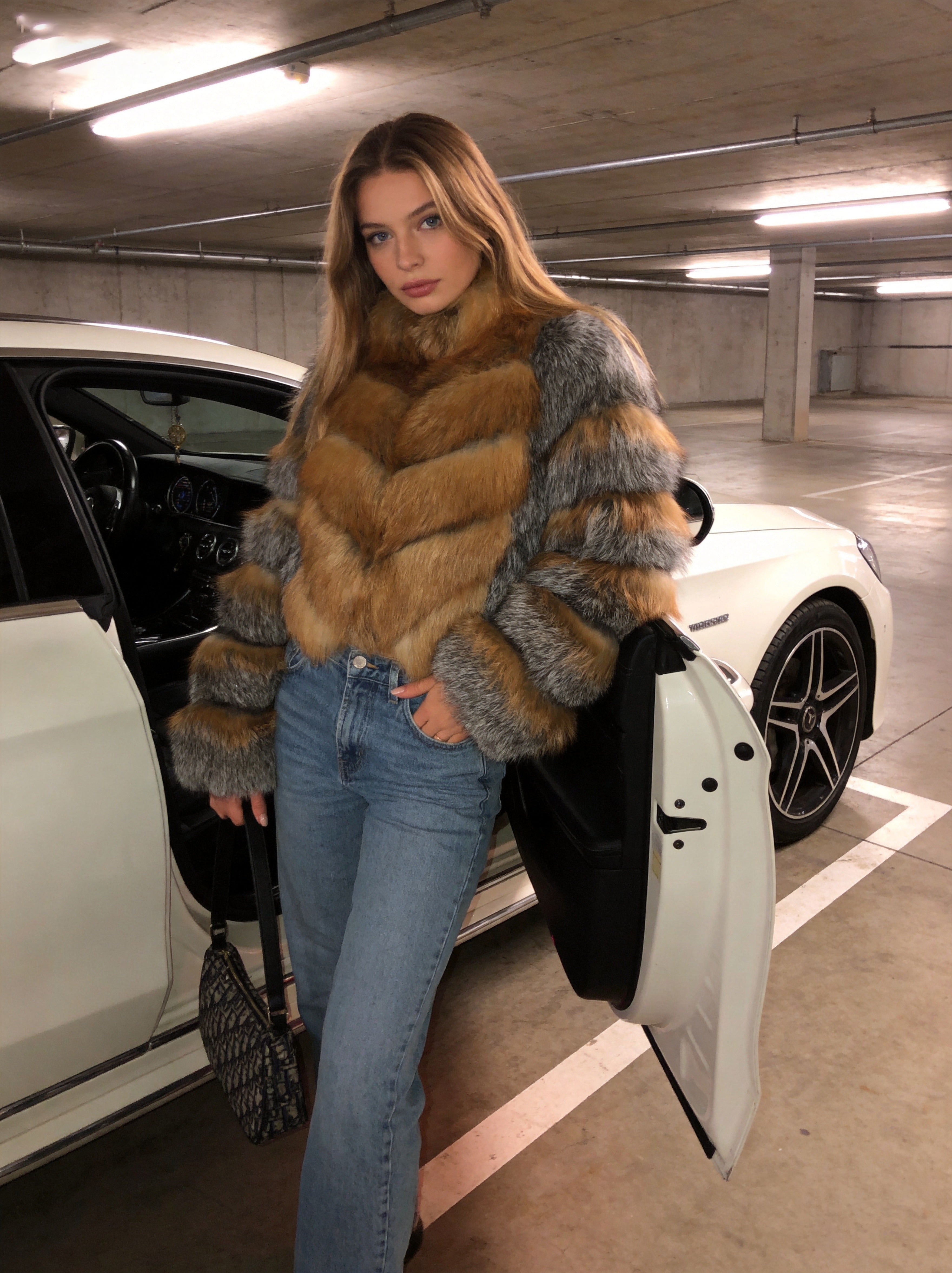 Women's Real Red Fox & Silver Fox Fur Stand Collar Cropped Jacket