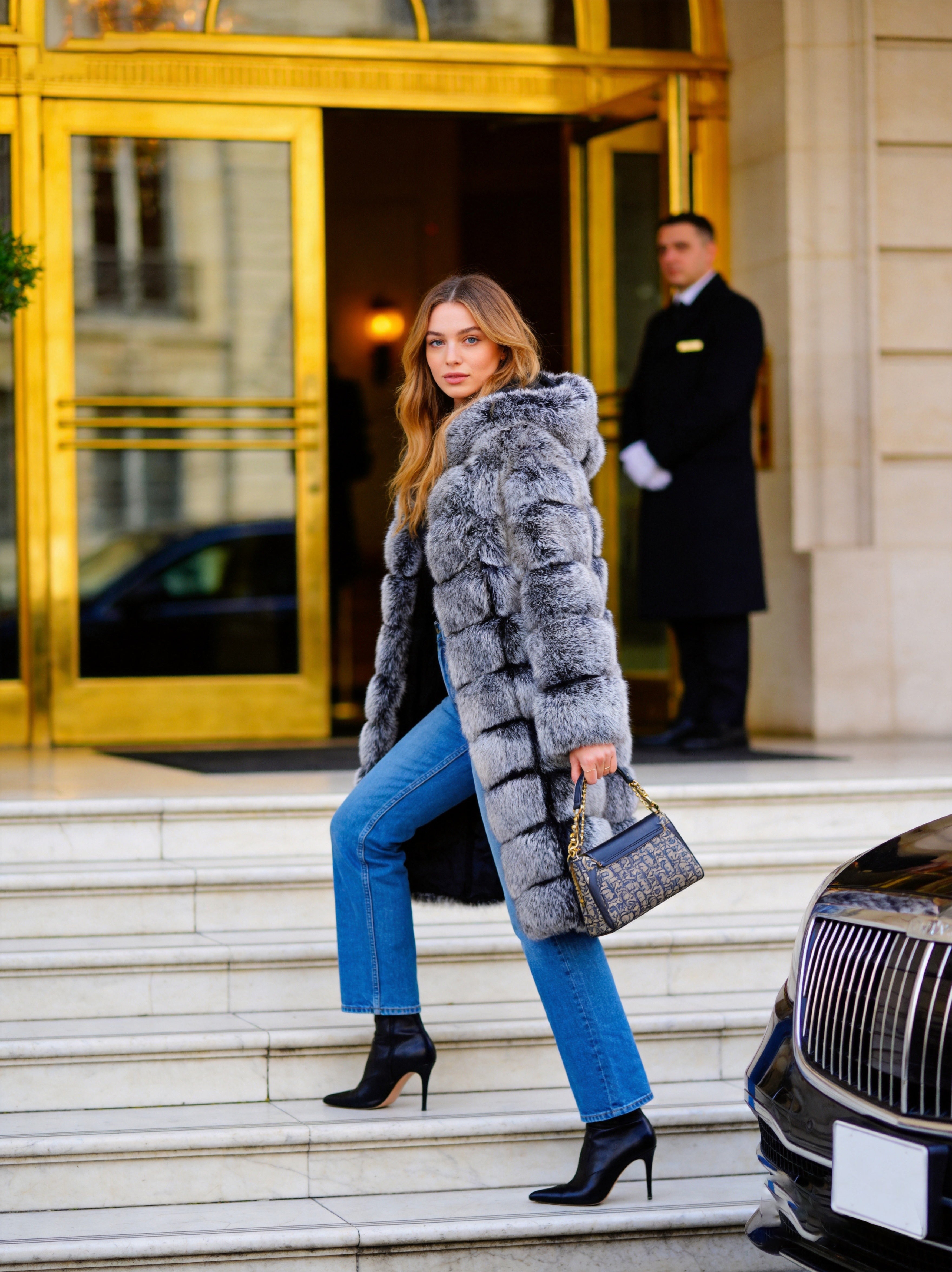 Women's Real Fox Fur Hooded Below-the-Knee Coat | Bread-Puff Stripe | Multiple Colors