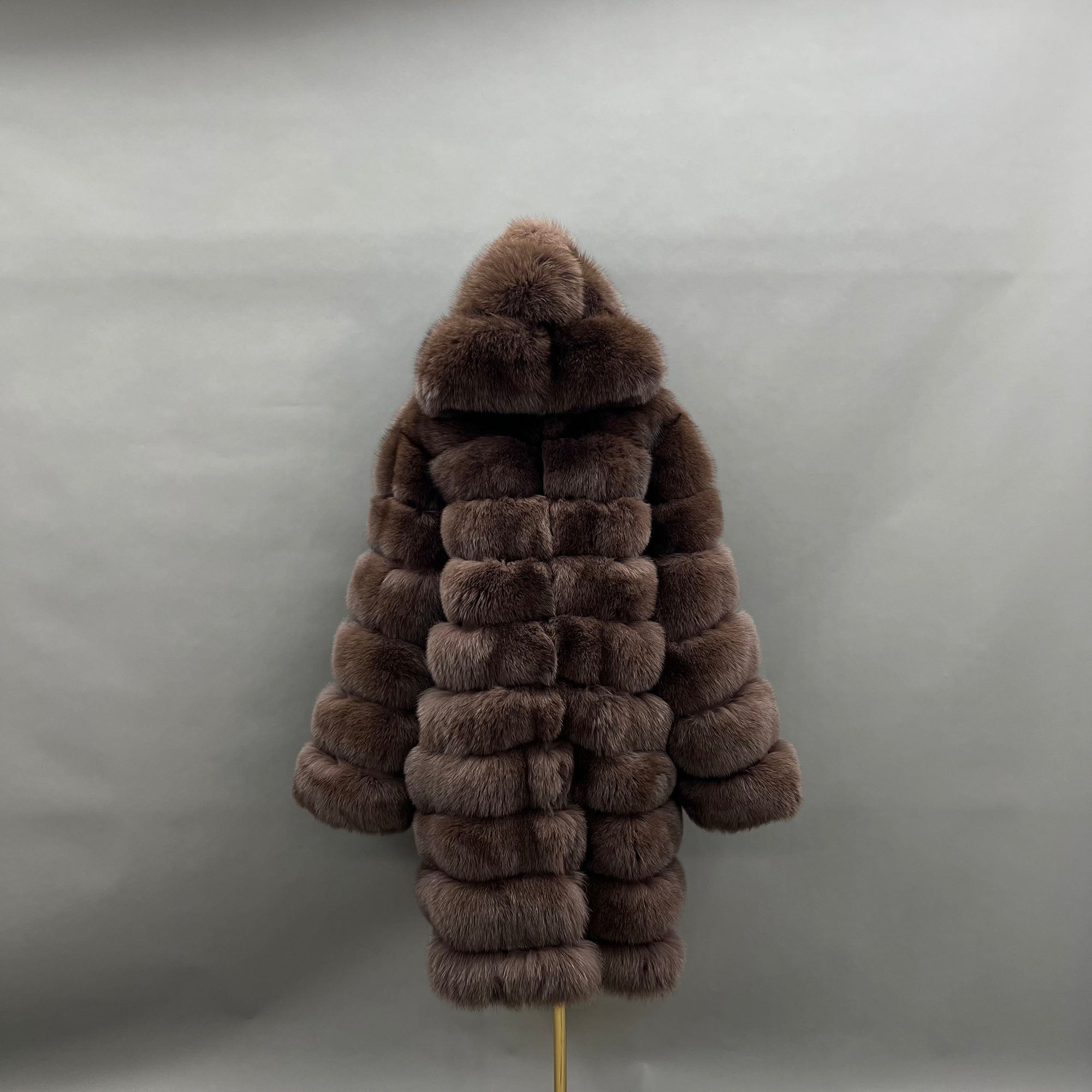 Women's Real Fox Fur Hooded Mid-Calf Coat | Horizontal Stripe | Multiple Colors