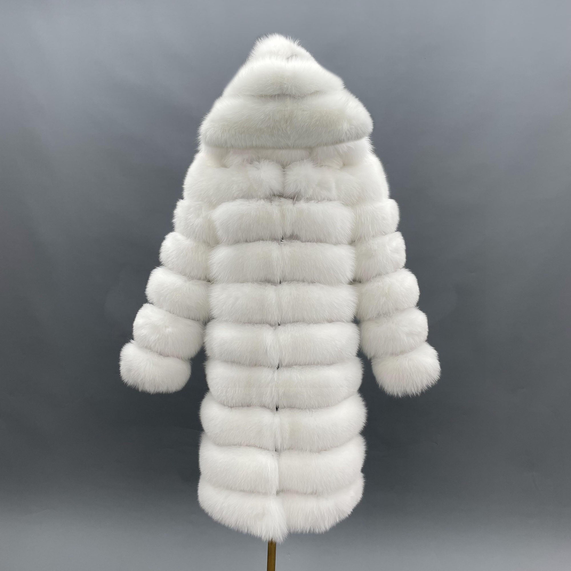 Women's Real Fox Fur Hooded Mid-Calf Coat | Horizontal Stripe | Multiple Colors