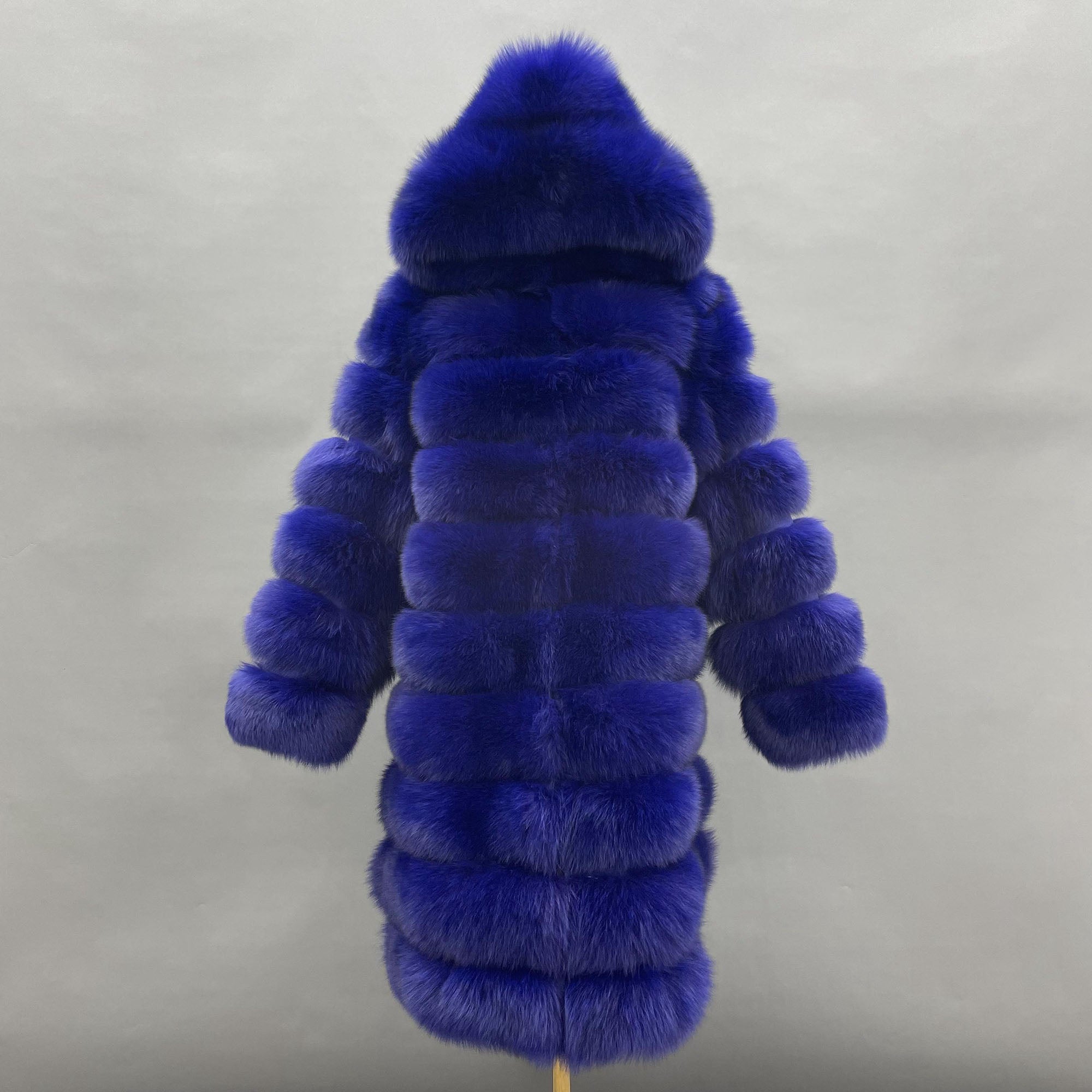 Women's Real Fox Fur Hooded Mid-Calf Coat | Horizontal Stripe | Multiple Colors