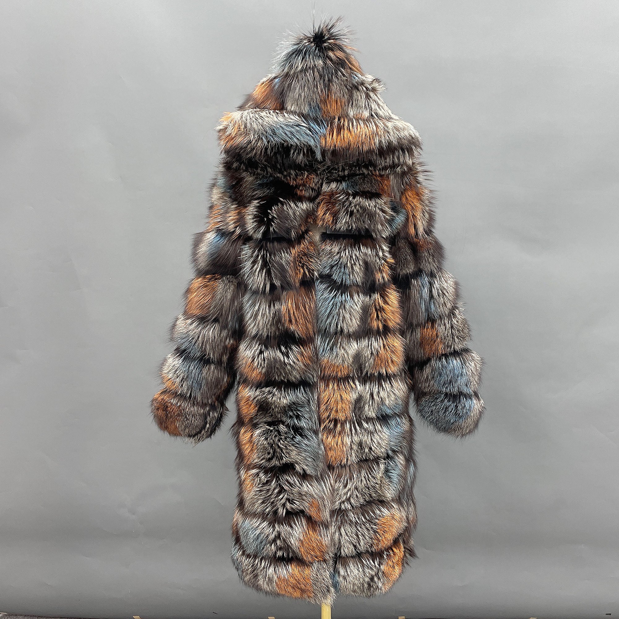 Women's Real Fox Fur Hooded Mid-Calf Coat | Horizontal Stripe | Multiple Colors