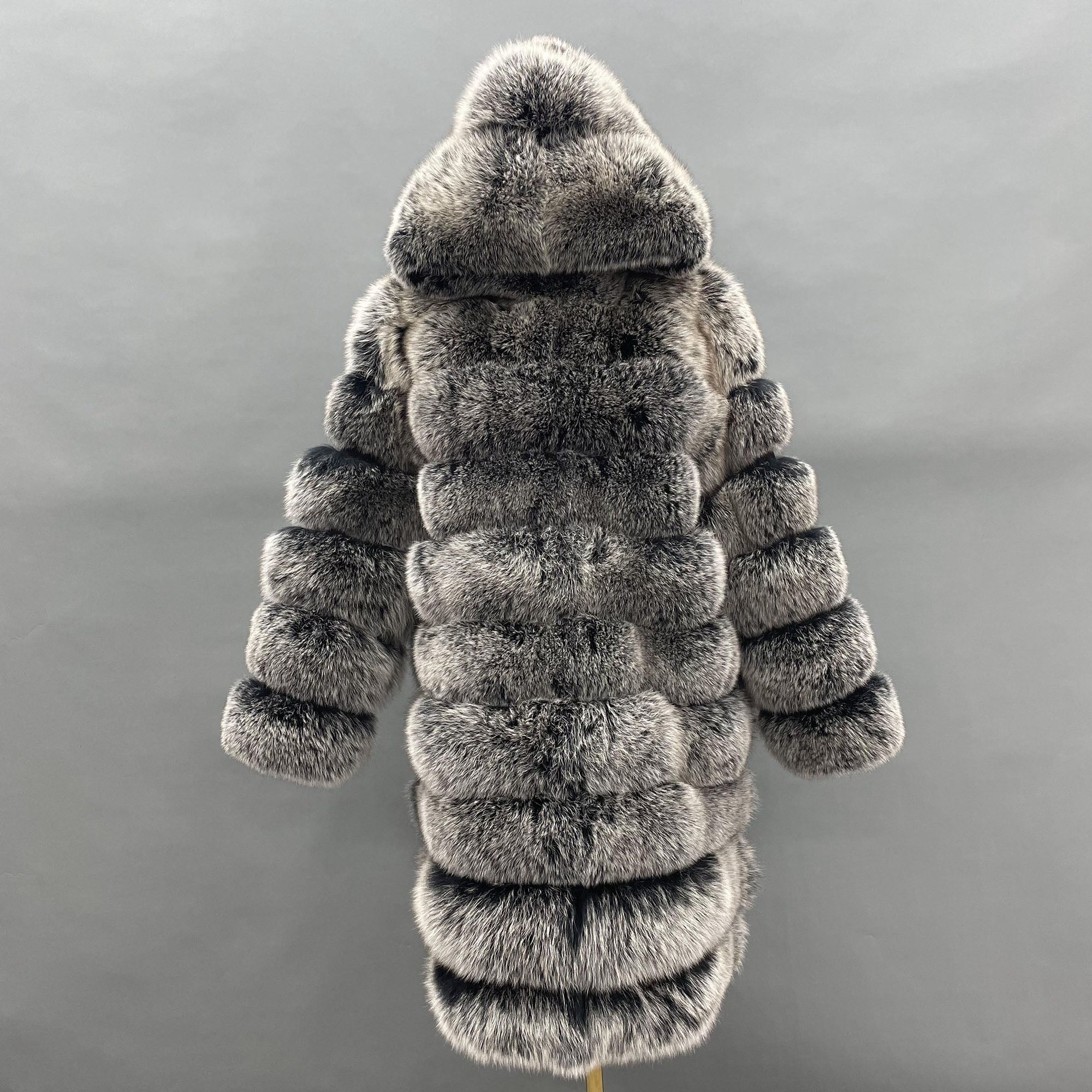 Women's Real Fox Fur Hooded Mid-Calf Coat | Horizontal Stripe | Multiple Colors