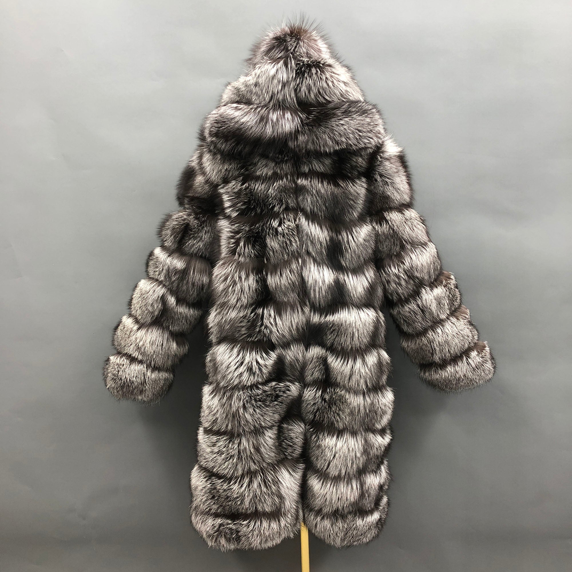 Women's Real Fox Fur Hooded Mid-Calf Coat | Horizontal Stripe | Multiple Colors