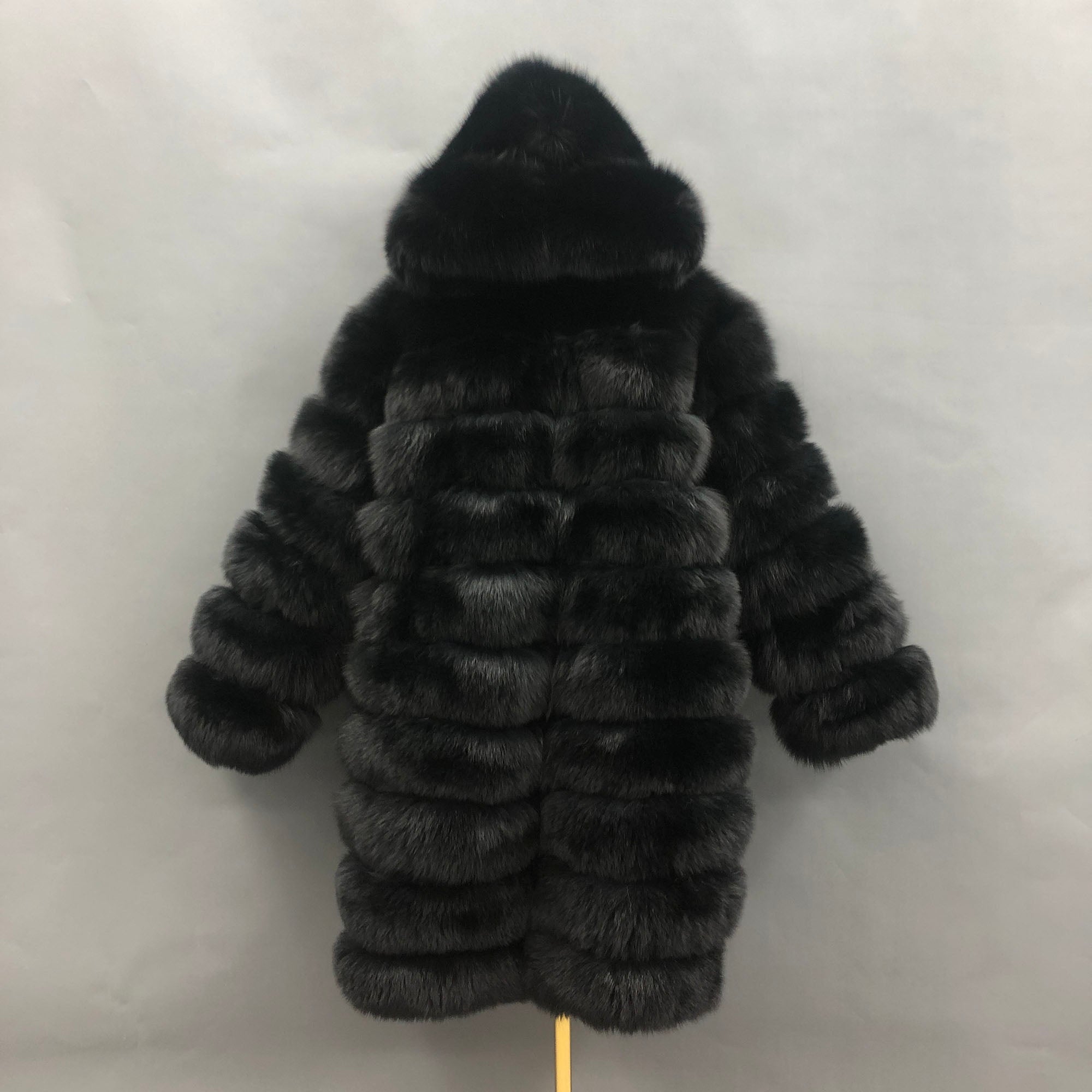 Women's Real Fox Fur Hooded Mid-Calf Coat | Horizontal Stripe | Multiple Colors