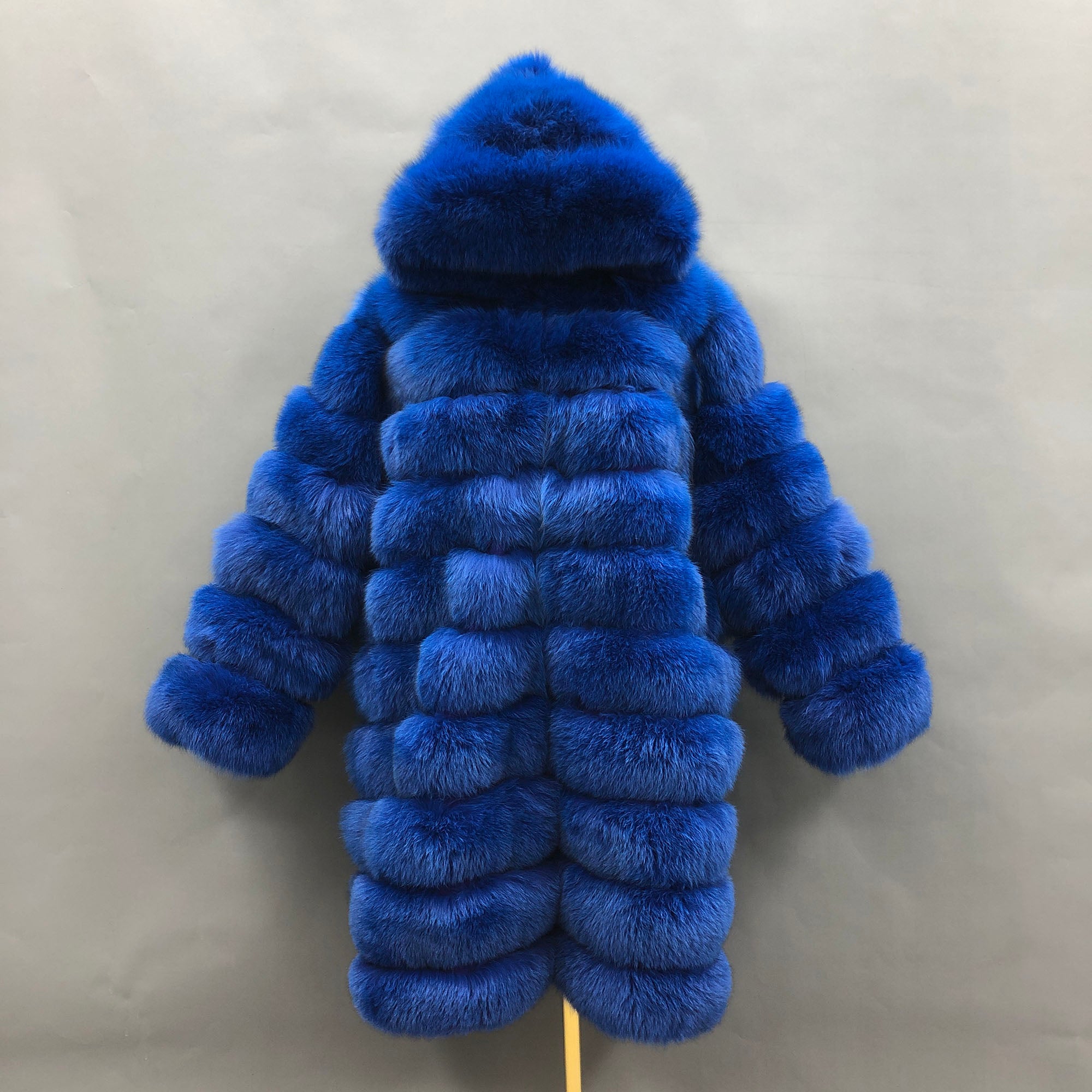 Women's Real Fox Fur Hooded Mid-Calf Coat | Horizontal Stripe | Multiple Colors