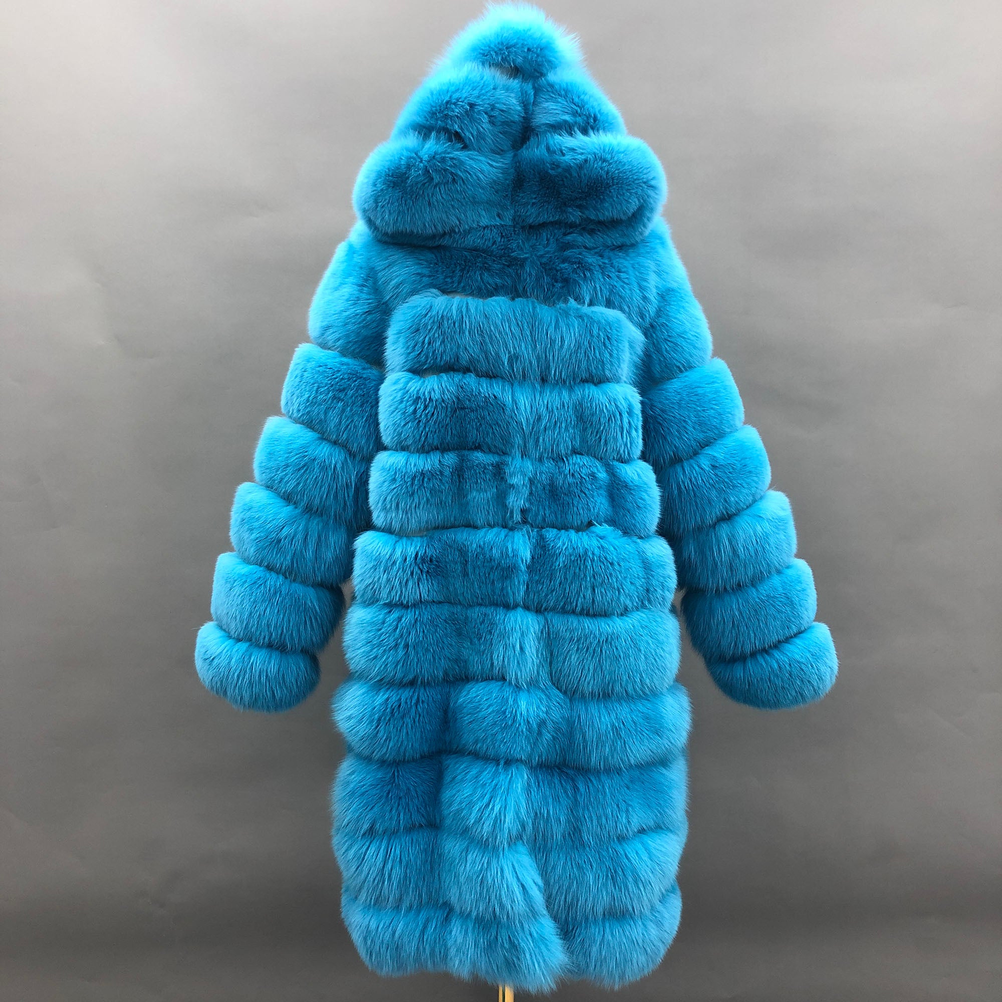 Women's Real Fox Fur Hooded Mid-Calf Coat | Horizontal Stripe | Multiple Colors