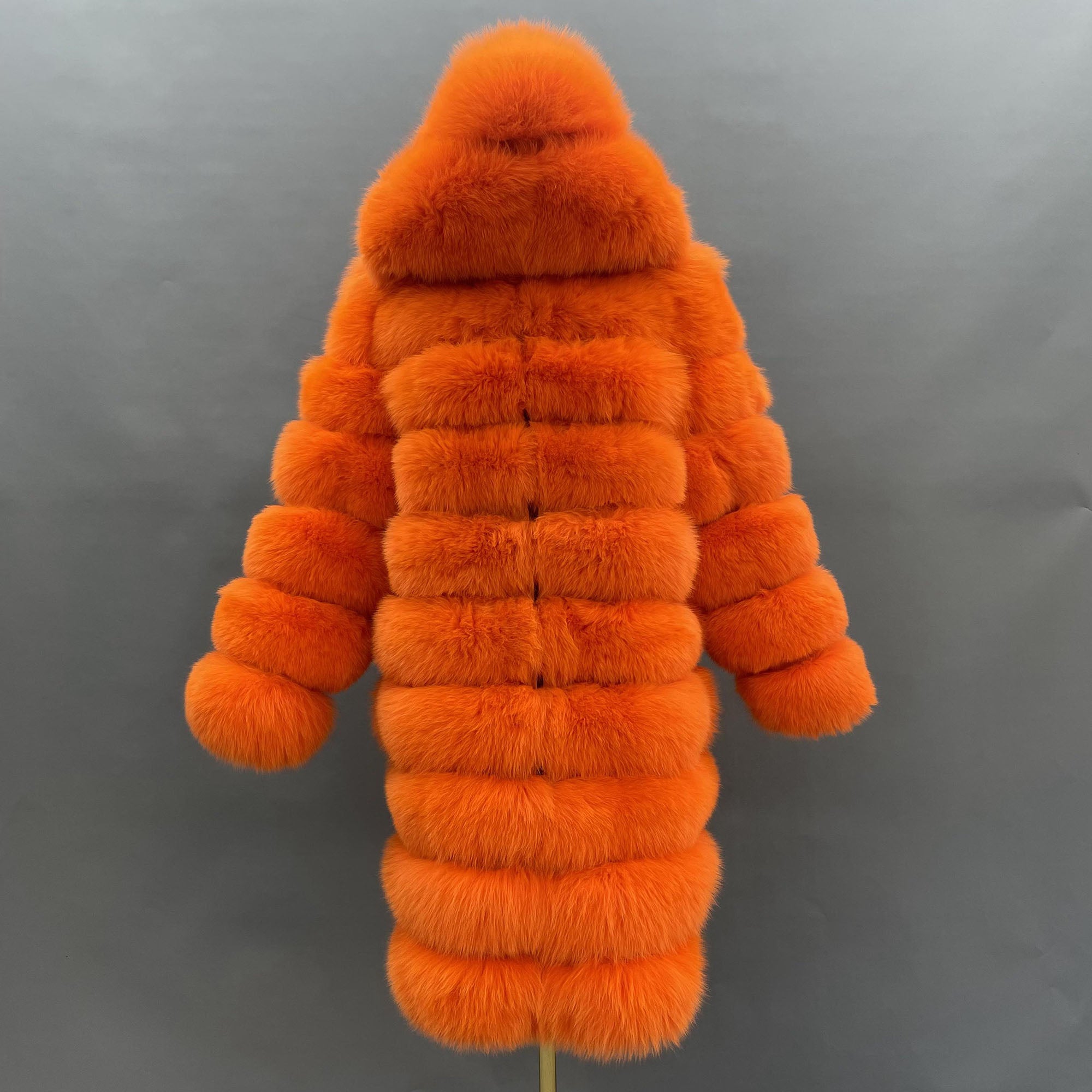 Women's Real Fox Fur Hooded Mid-Calf Coat | Horizontal Stripe | Multiple Colors