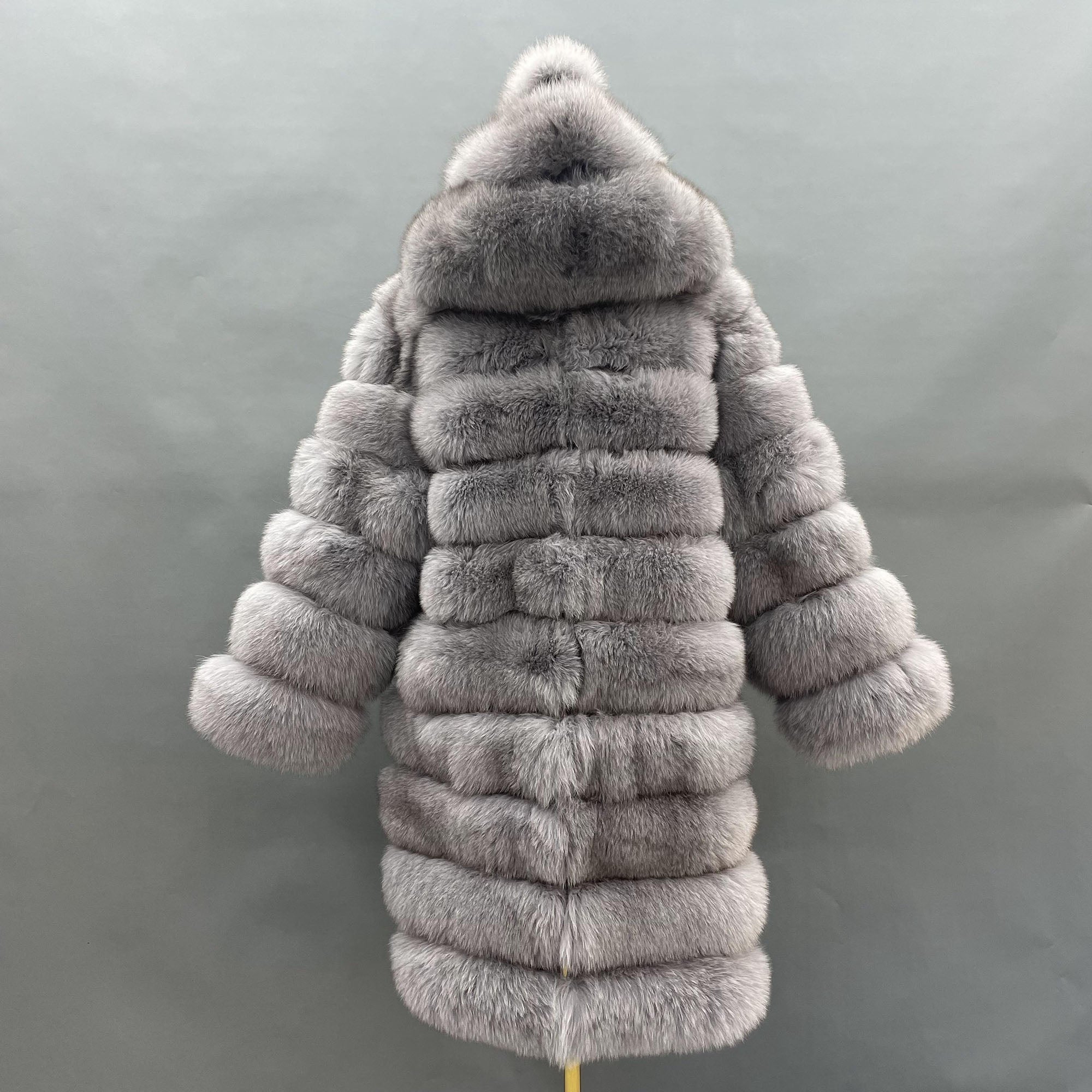 Women's Real Fox Fur Hooded Mid-Calf Coat | Horizontal Stripe | Multiple Colors