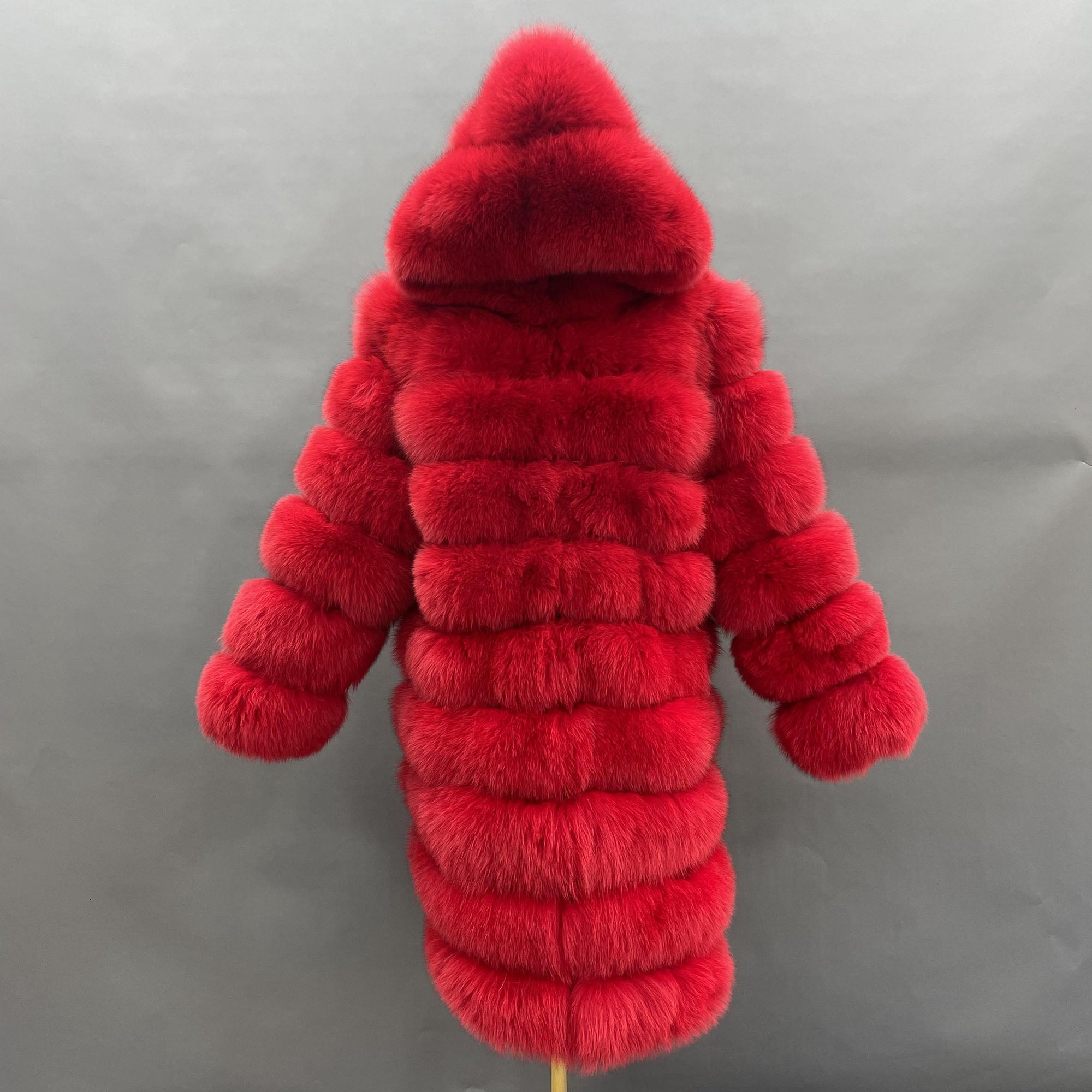 Women's Real Fox Fur Hooded Mid-Calf Coat | Horizontal Stripe | Multiple Colors