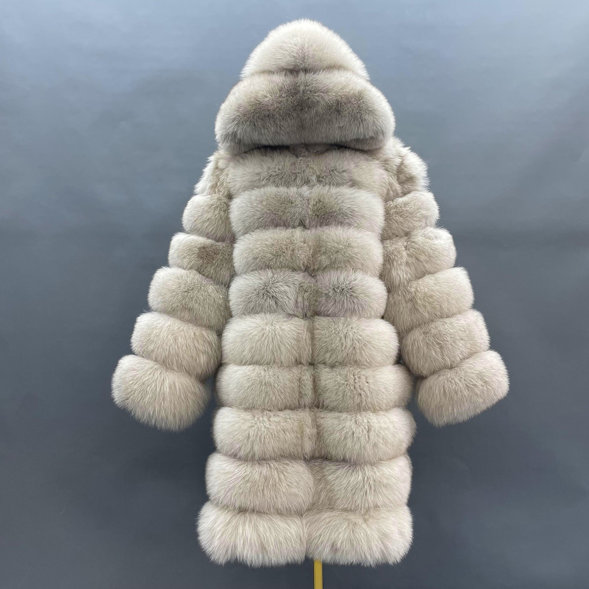 Women's Real Fox Fur Hooded Mid-Calf Coat | Horizontal Stripe | Multiple Colors