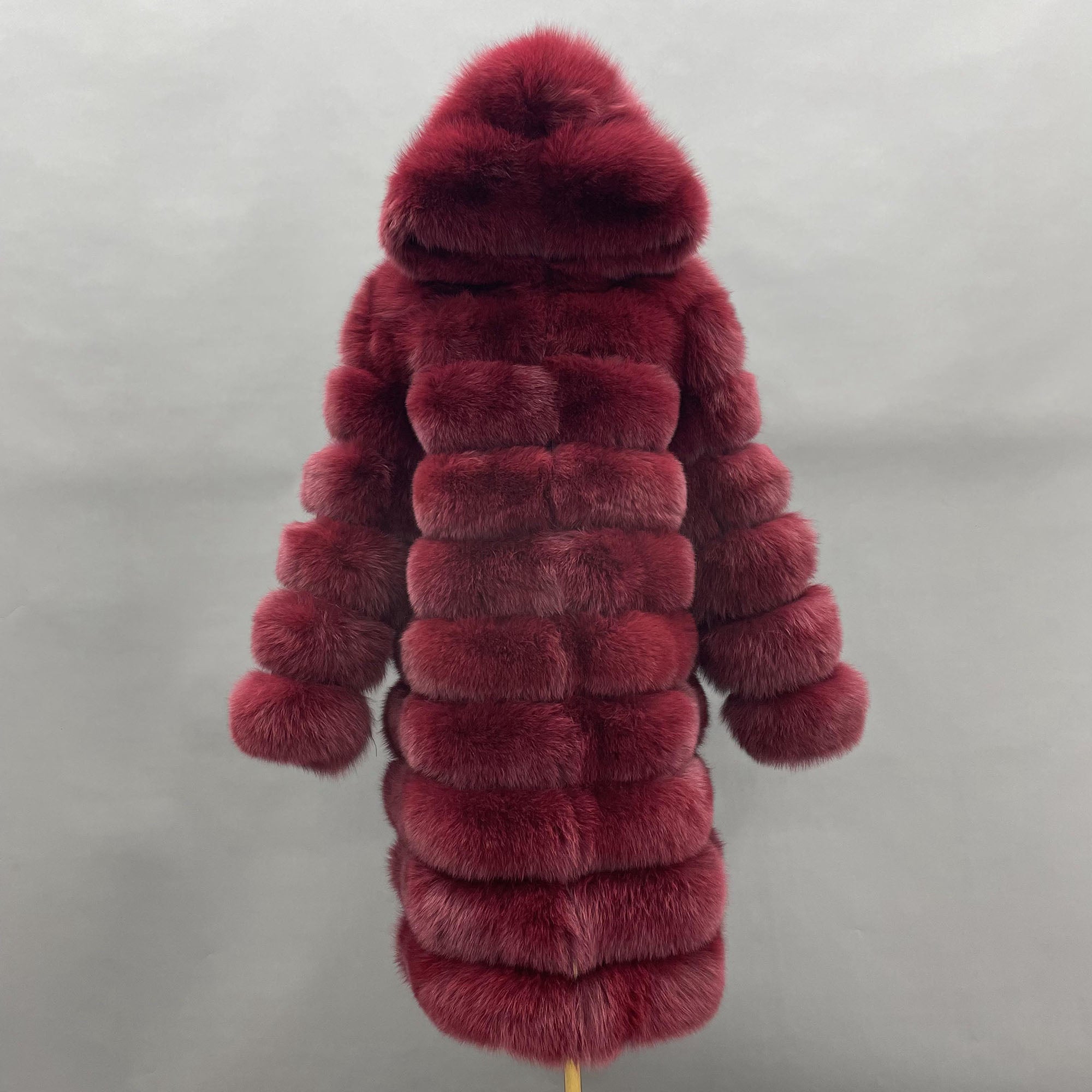 Women's Real Fox Fur Hooded Mid-Calf Coat | Horizontal Stripe | Multiple Colors