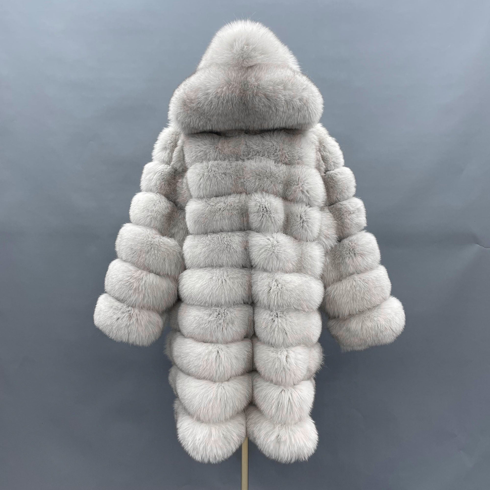 Women's Real Fox Fur Hooded Mid-Calf Coat | Horizontal Stripe | Multiple Colors