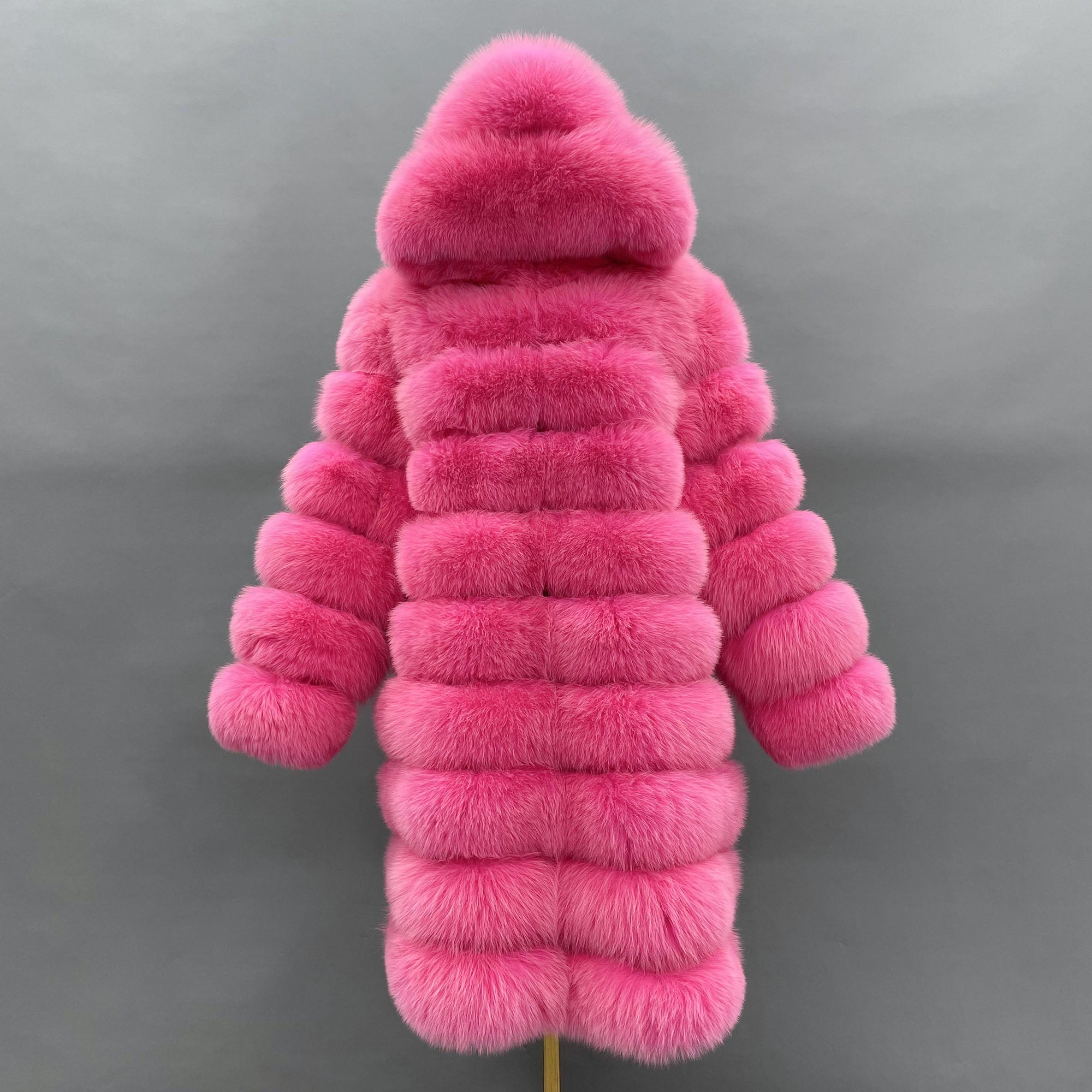 Women's Real Fox Fur Hooded Mid-Calf Coat | Horizontal Stripe | Multiple Colors