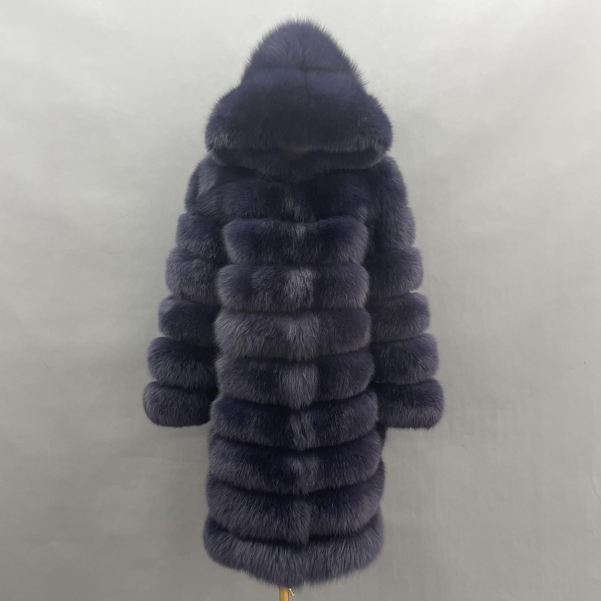 Women's Real Fox Fur Hooded Mid-Calf Coat | Horizontal Stripe | Multiple Colors