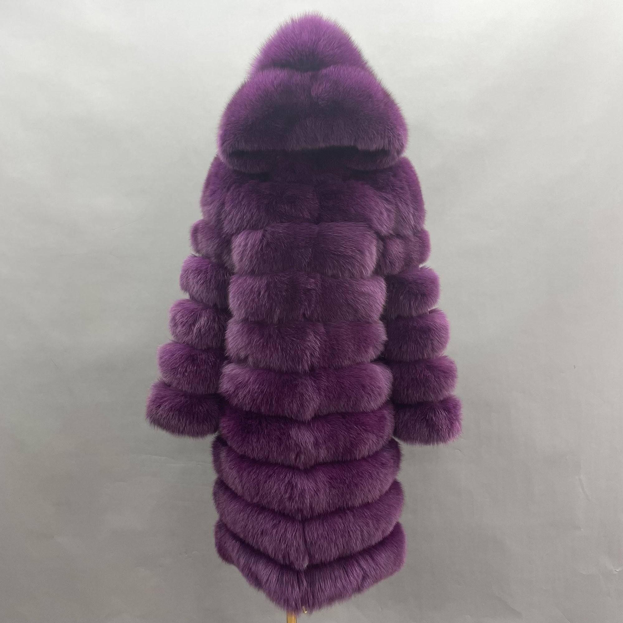 Women's Real Fox Fur Hooded Mid-Calf Coat | Horizontal Stripe | Multiple Colors