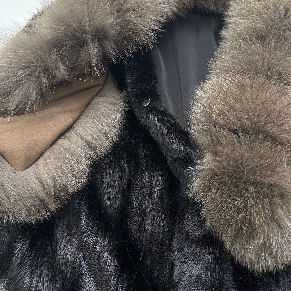 Women's Real Mink Fur Coat with Detachable Fox Fur Collar - Front View