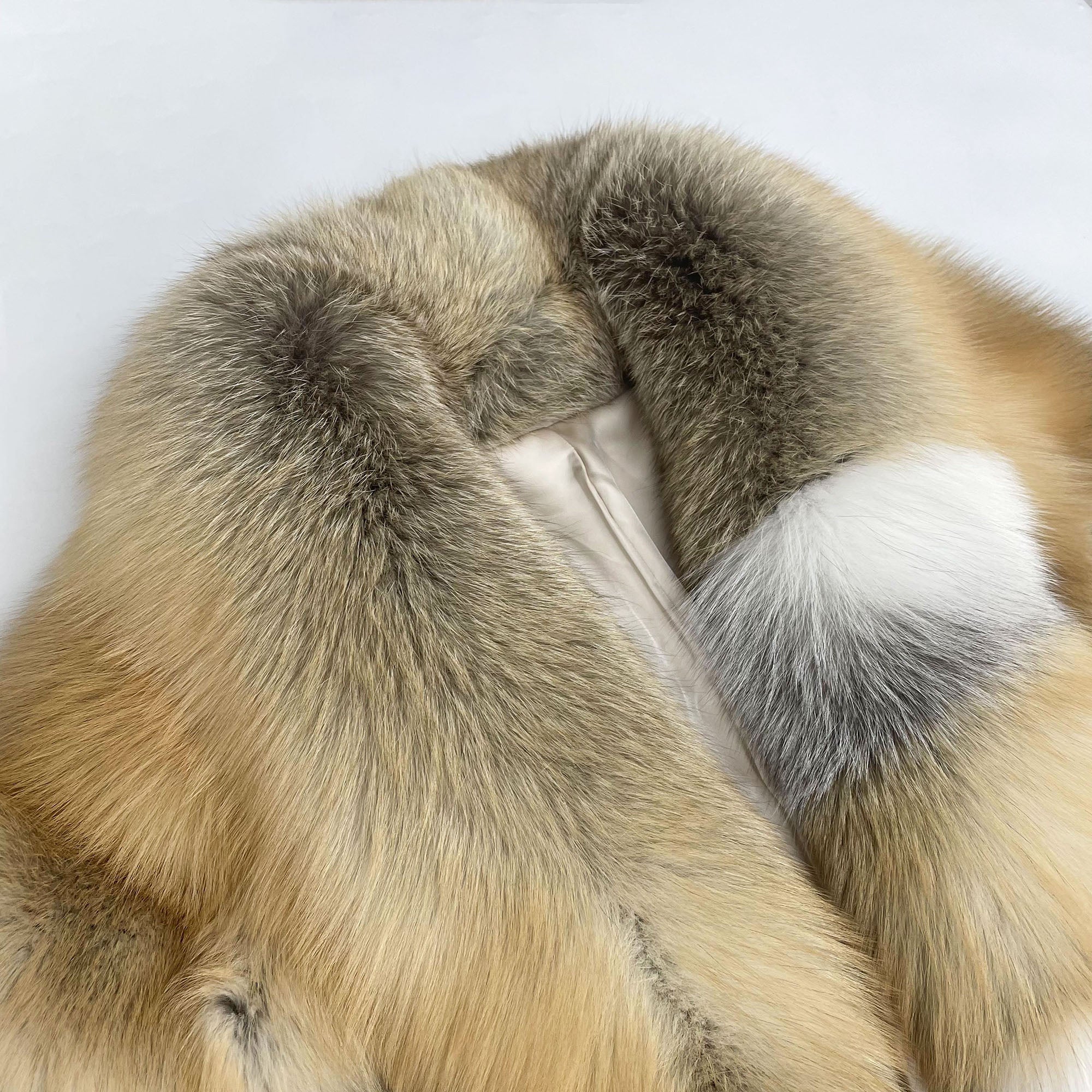 Women's Real Fox Fur Long Coat | Golden Island, Arctic Marble & Blue Fox