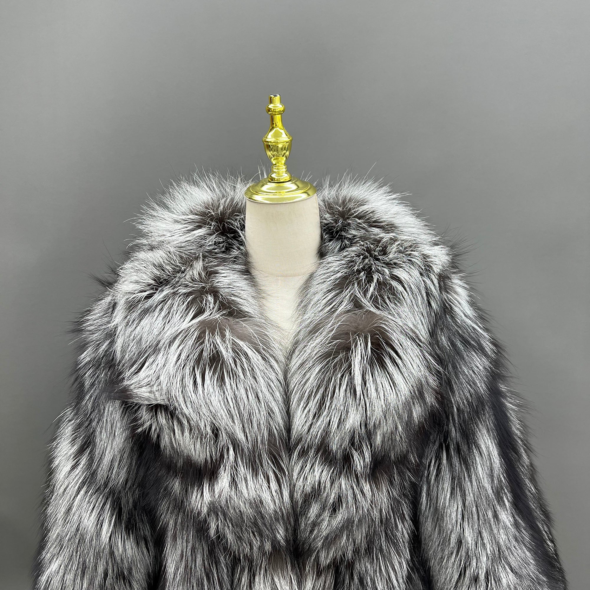 Women's Real Fox Fur Maxi Coat with Lapel Collar & Stacked Fur Placket