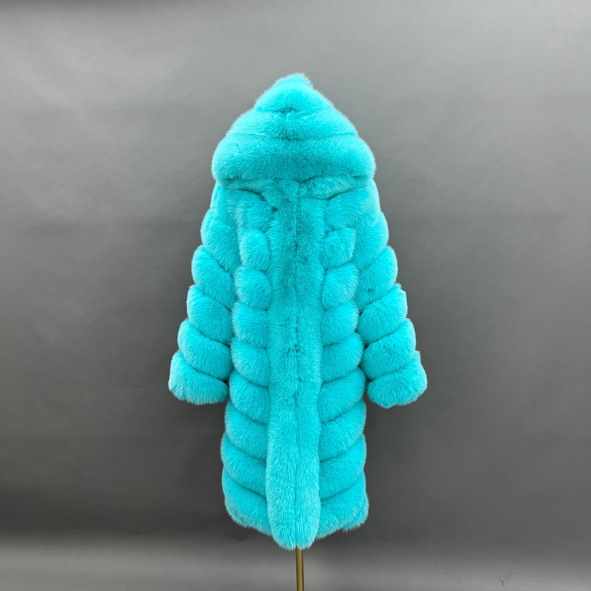 Women's Dyed Fox Fur Hooded Long Coat with Horizontal Stripe Panels — Downtown Rhythm