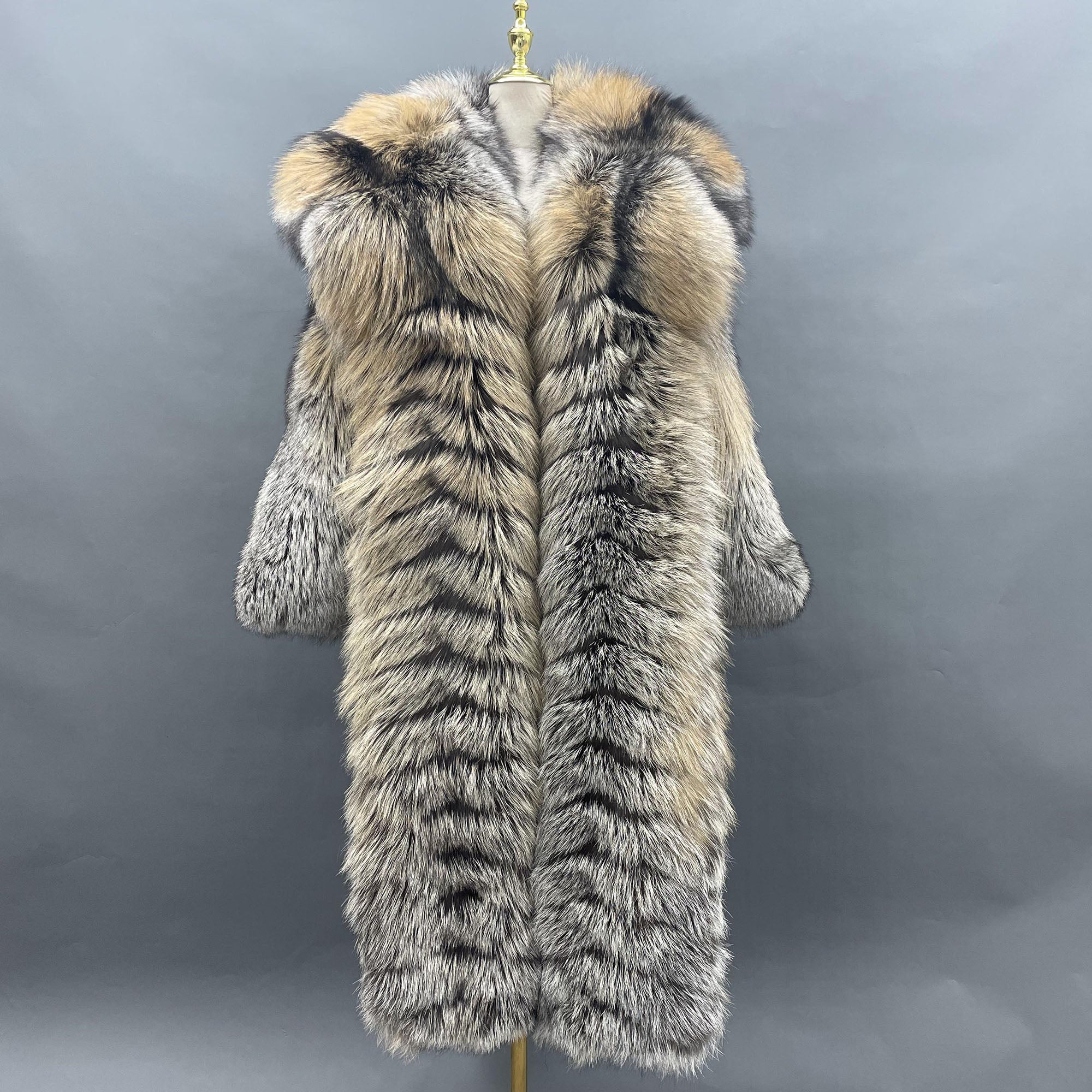 Women's Real Golden Island Fox Fur Long Coat | Luxury Full-Length Fur Jacket