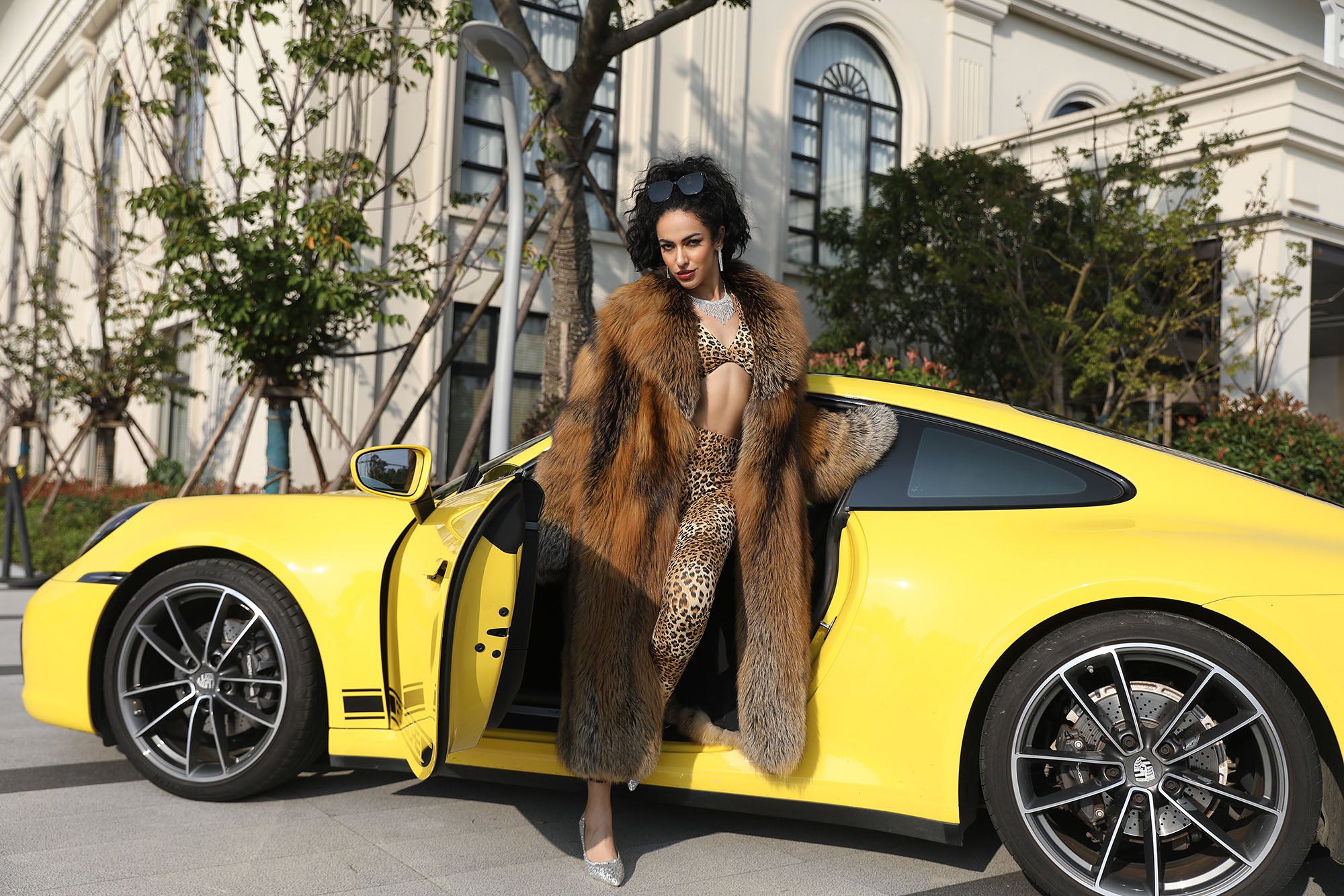 Women's Golden Cross Fox Fur Maxi Coat - Back View
