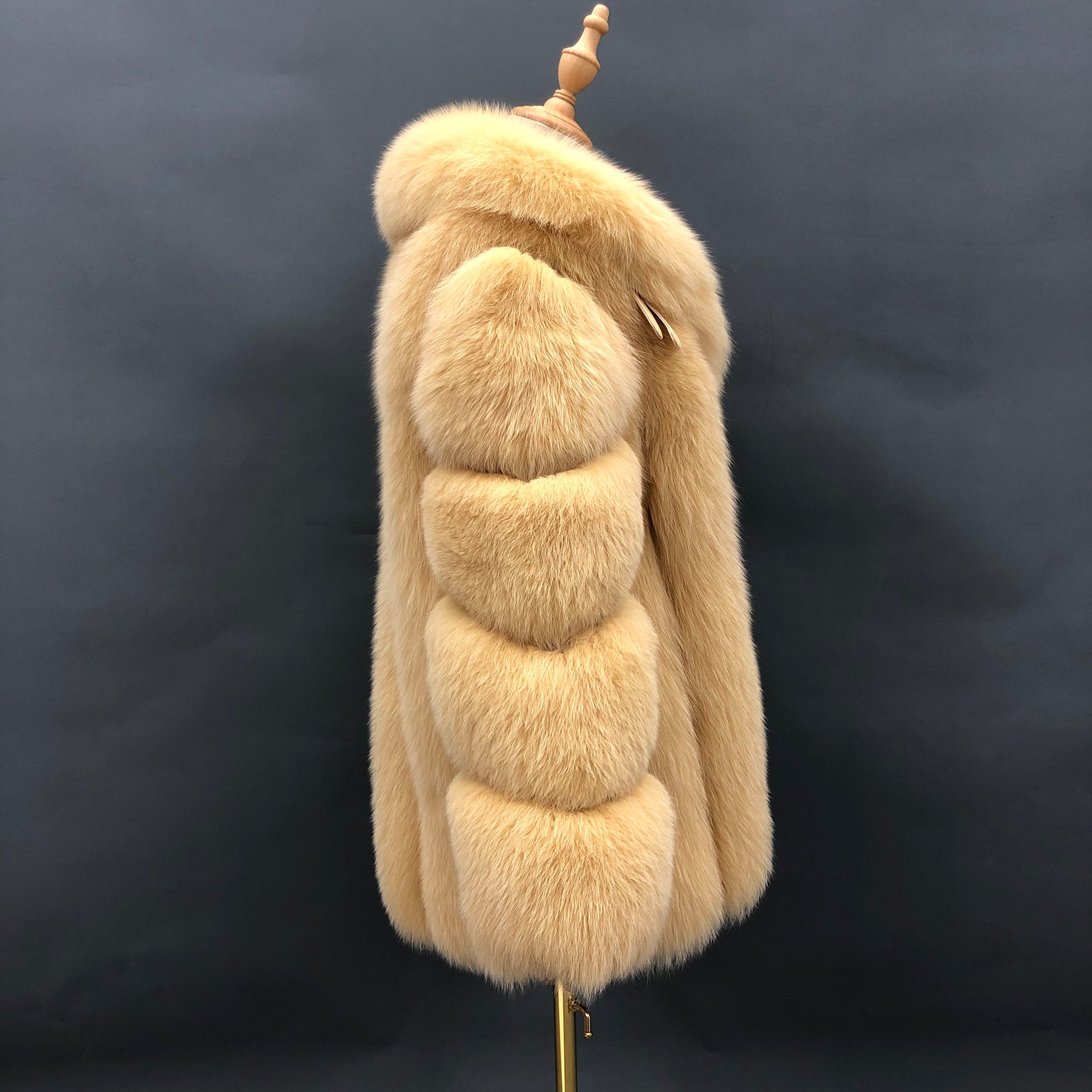 Women's Vertical-Stripe Fox Fur Oversized Coat with Banded Sleeves & Lapel Collar — Downtown Rhythm