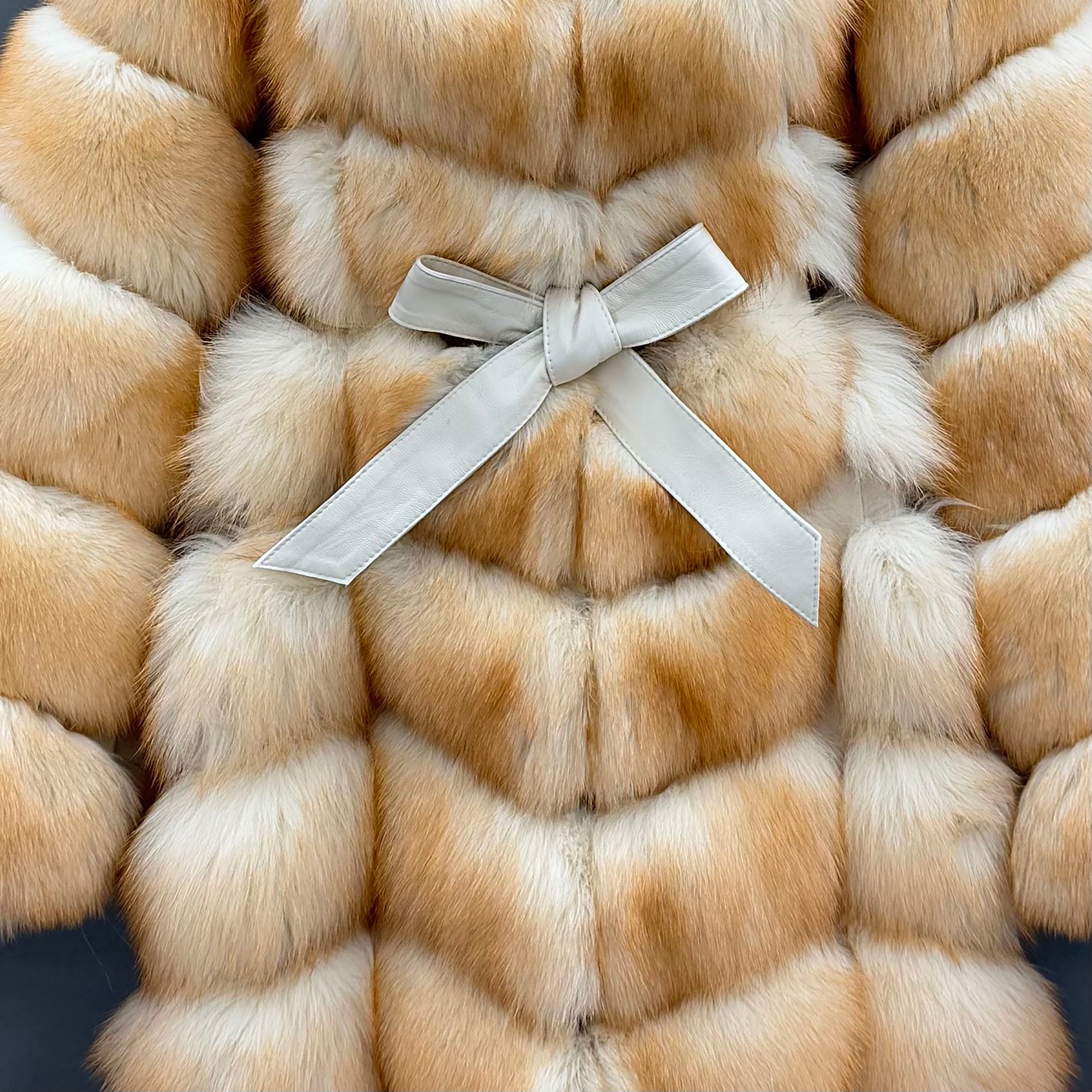 Women's Real Finnish Fox Fur Hooded Belted Maxi Coat - model seated grey