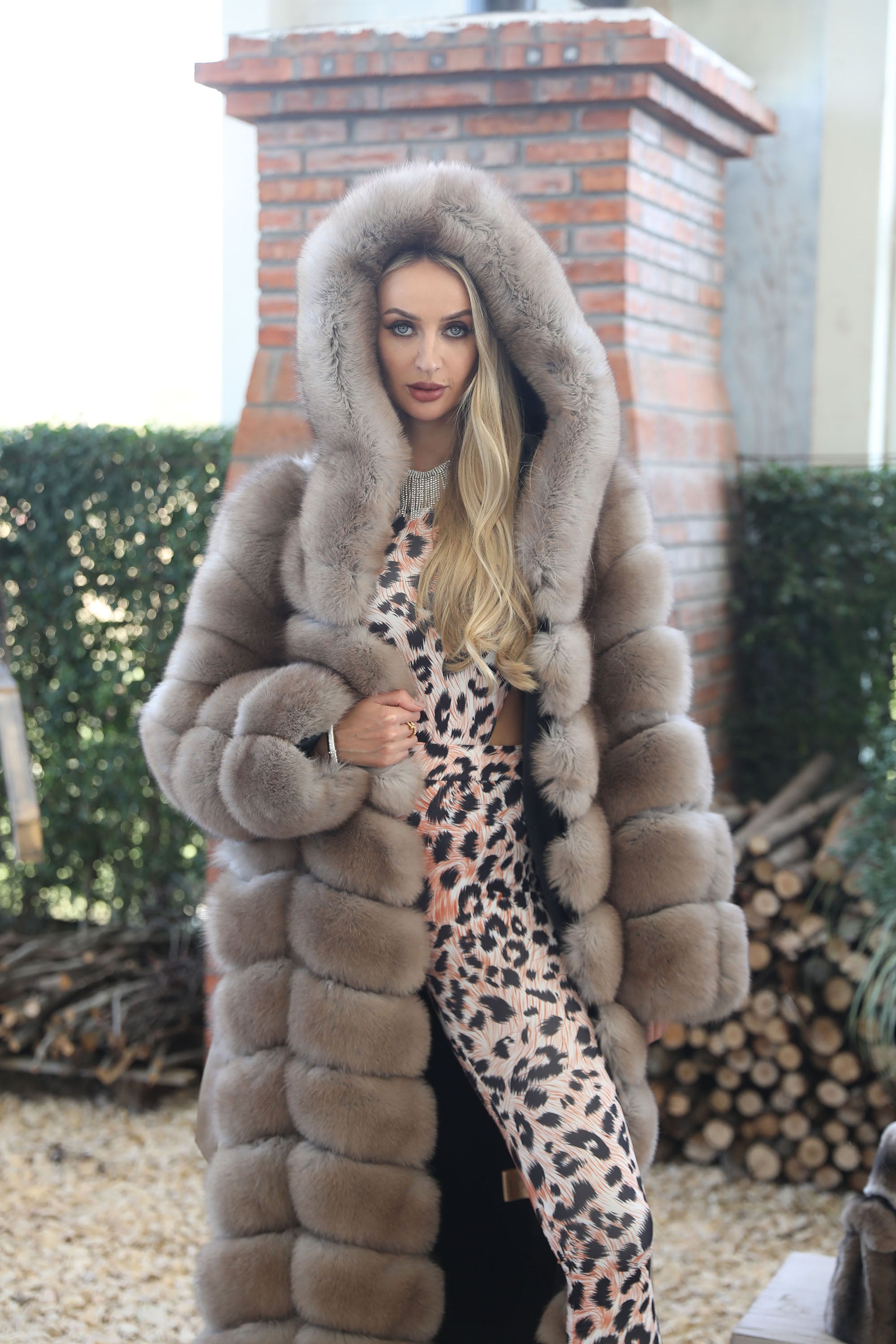Women's Real Finnish Fox Fur Hooded Belted Maxi Coat - model front golden