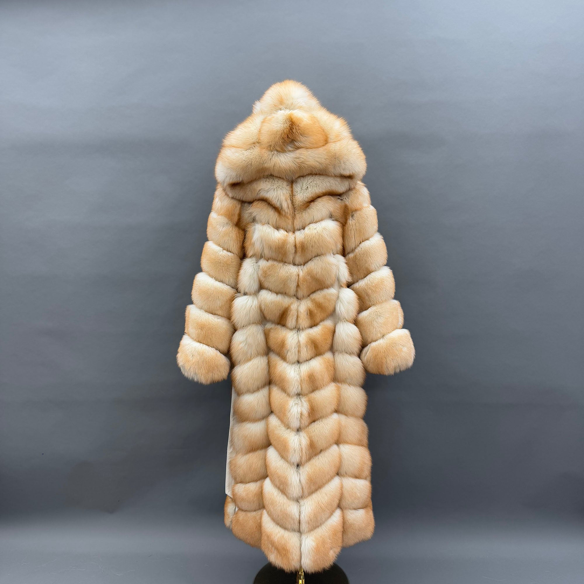 Women's Real Finnish Fox Fur Hooded Belted Maxi Coat - model front grey