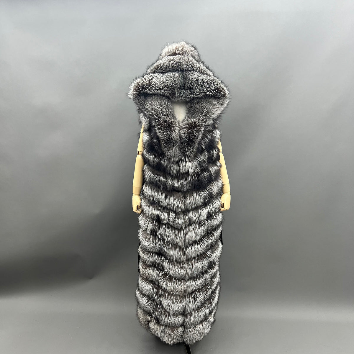 Women's Real Silver Fox Fur Hooded Full-Length Vest - model front silver