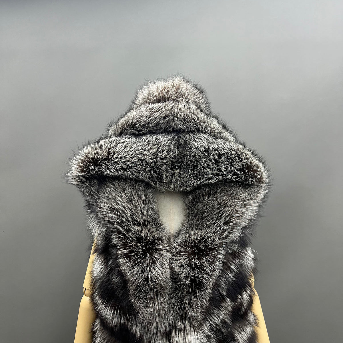 Women's Real Silver Fox Fur Hooded Full-Length Vest - model side silver