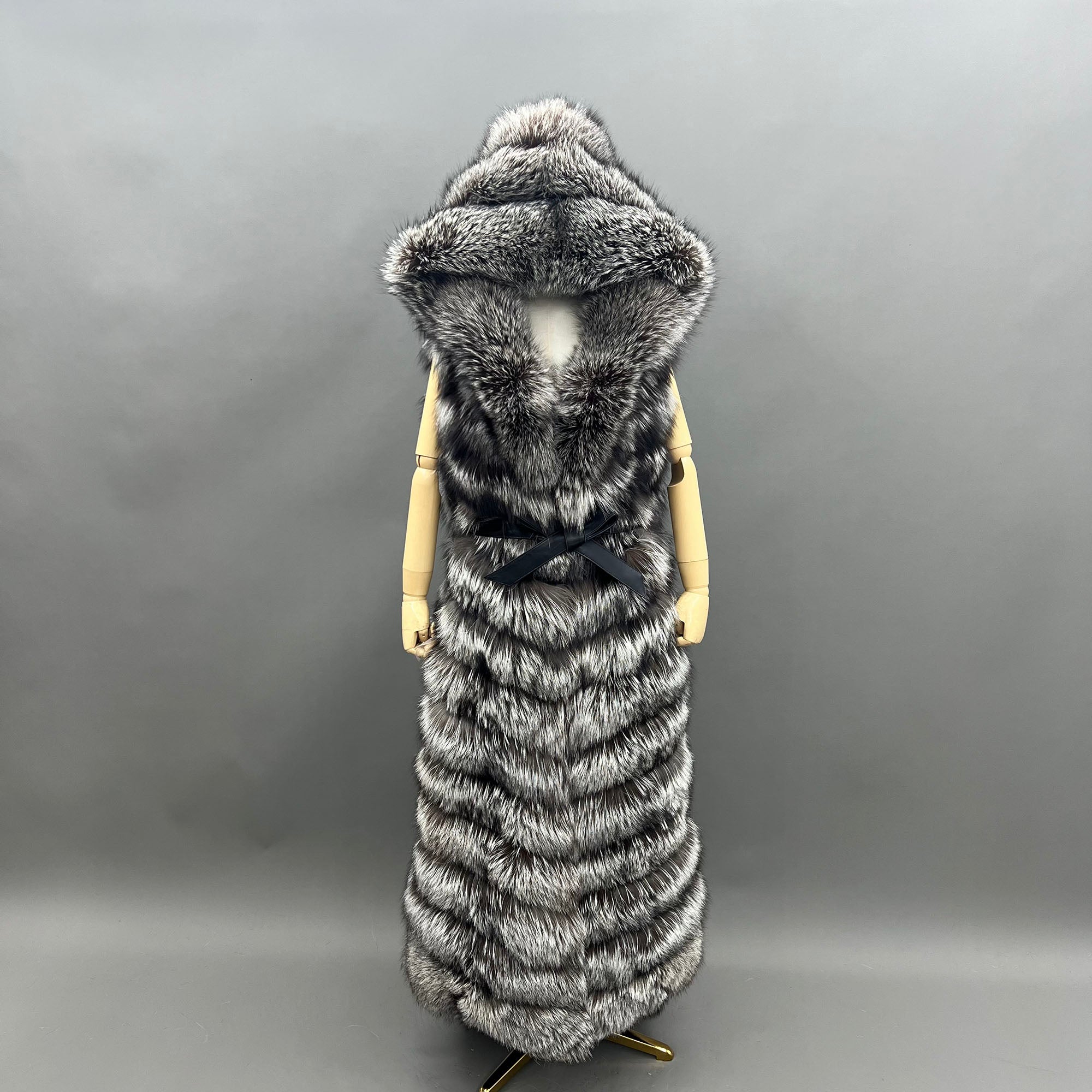 Women's Real Silver Fox Fur Hooded Full-Length Vest - model with belt side