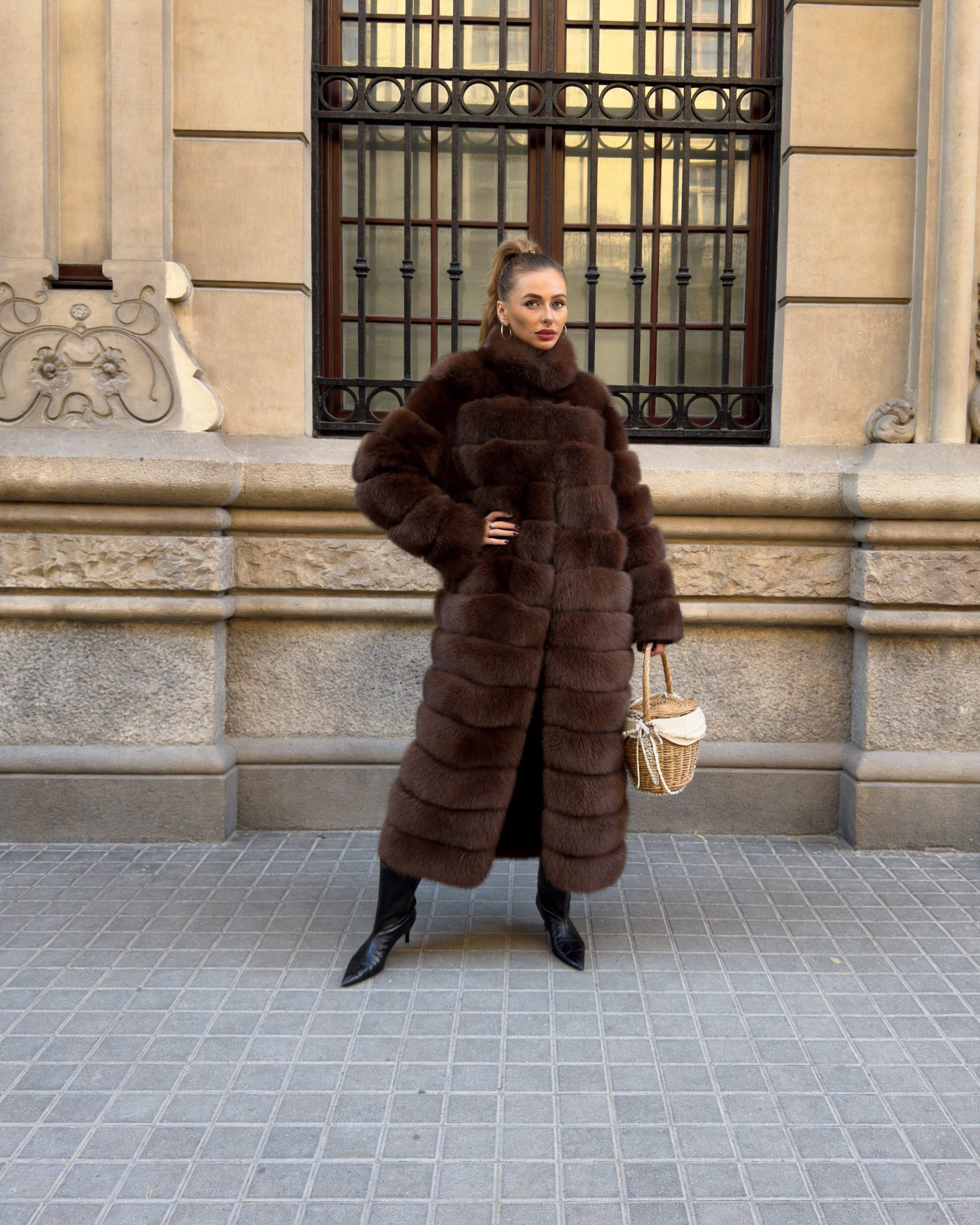 Women's Real Fox Fur Long Coat | Stand Collar | Classic Design | Multiple Colors Available