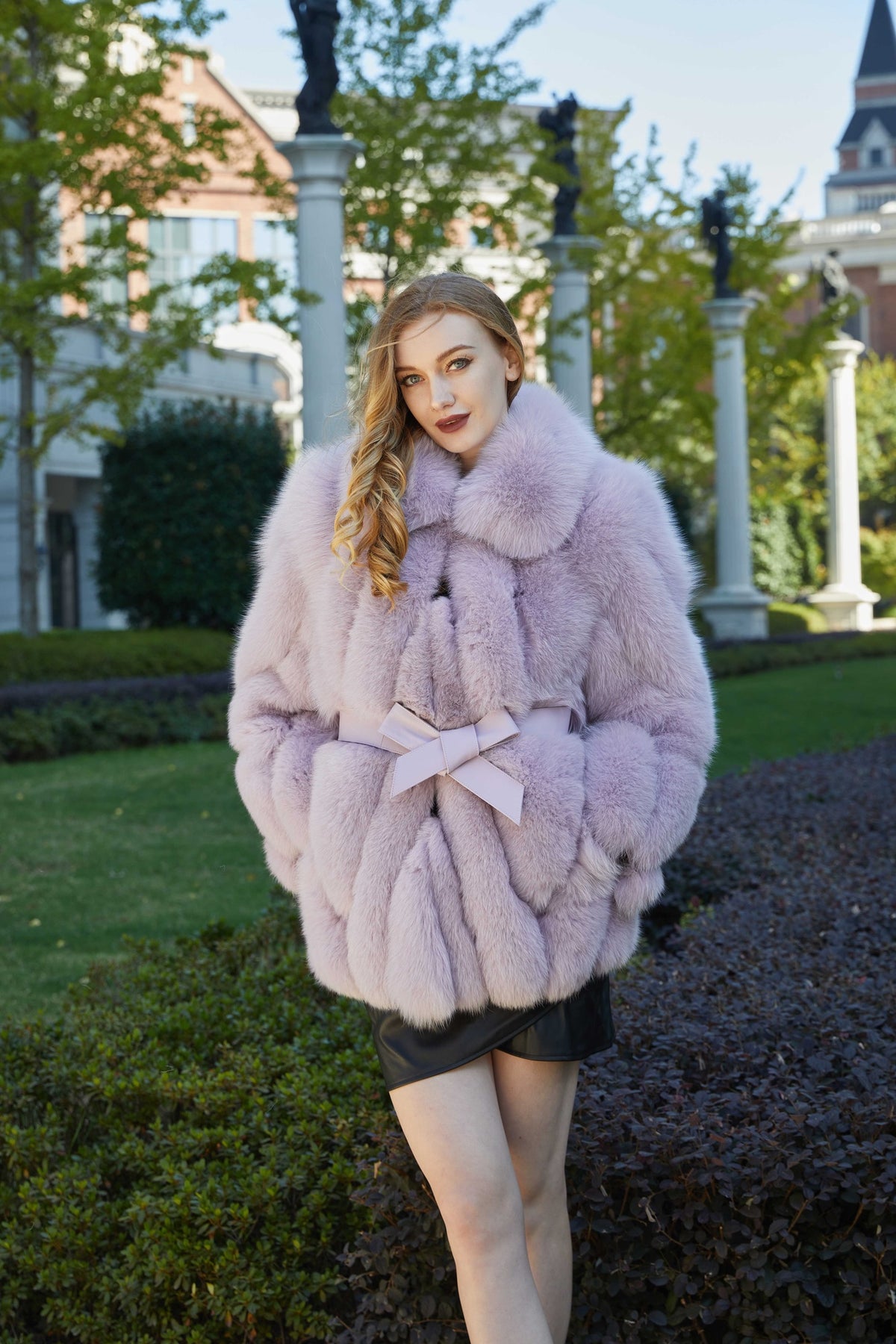 Women's Real Fox Fur Hip-Length Jacket with Turn-Down Collar & Bow Detail — Downtown Rhythm