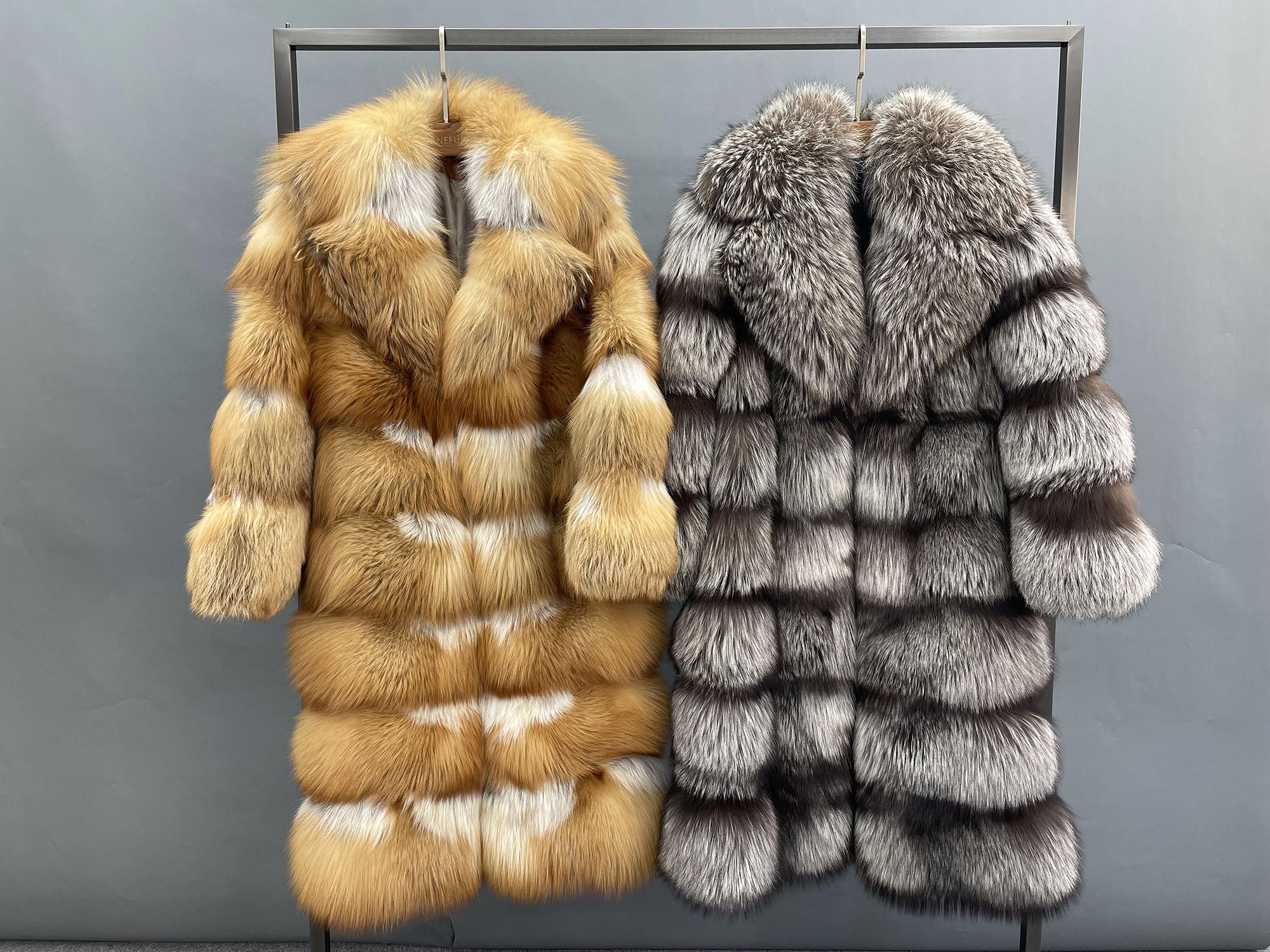 Women's Silver Fox Fur Long Coat - front view on mannequin