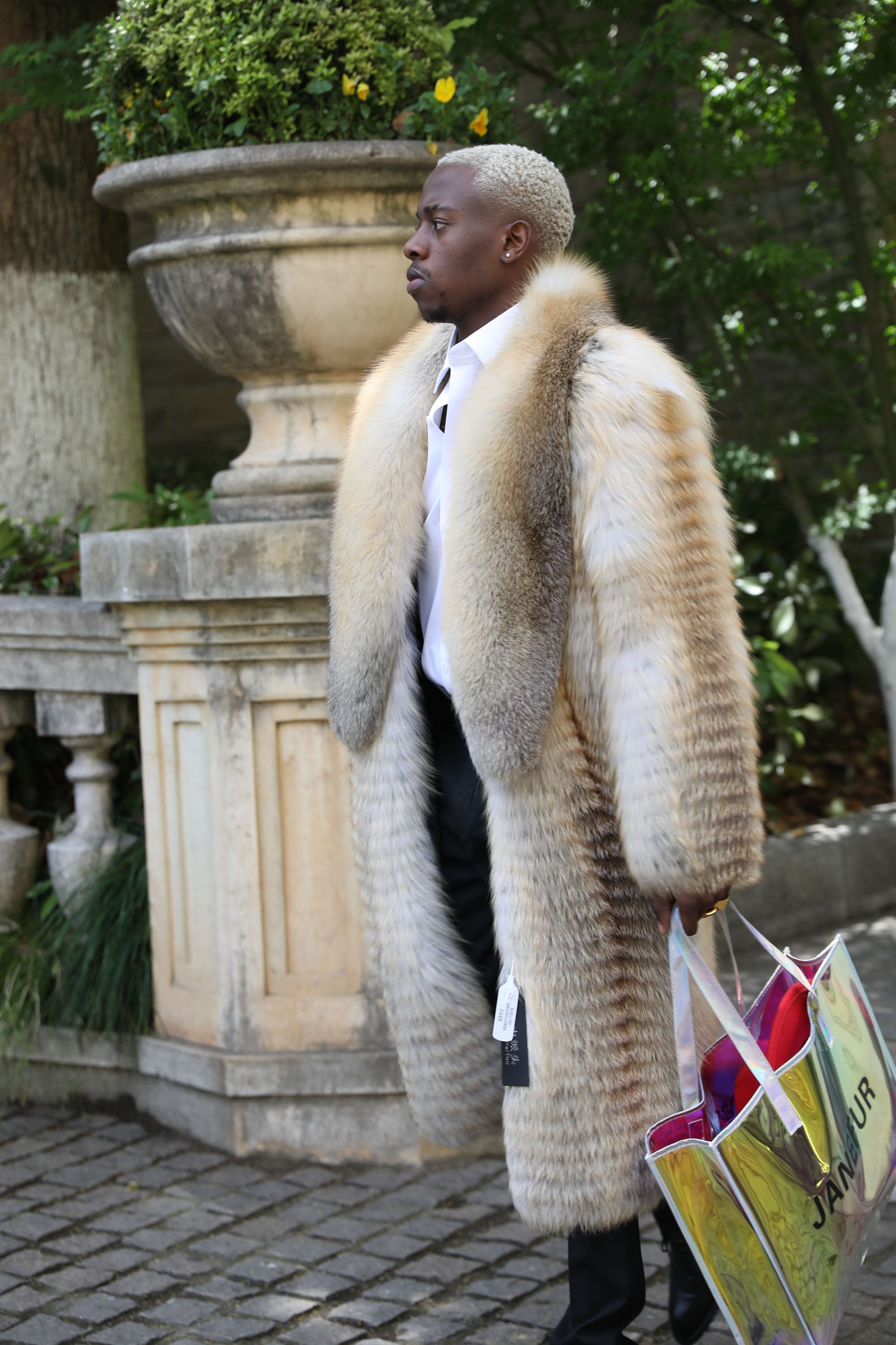 Men's Golden Island Fox Fur Long Coat - Side Profile