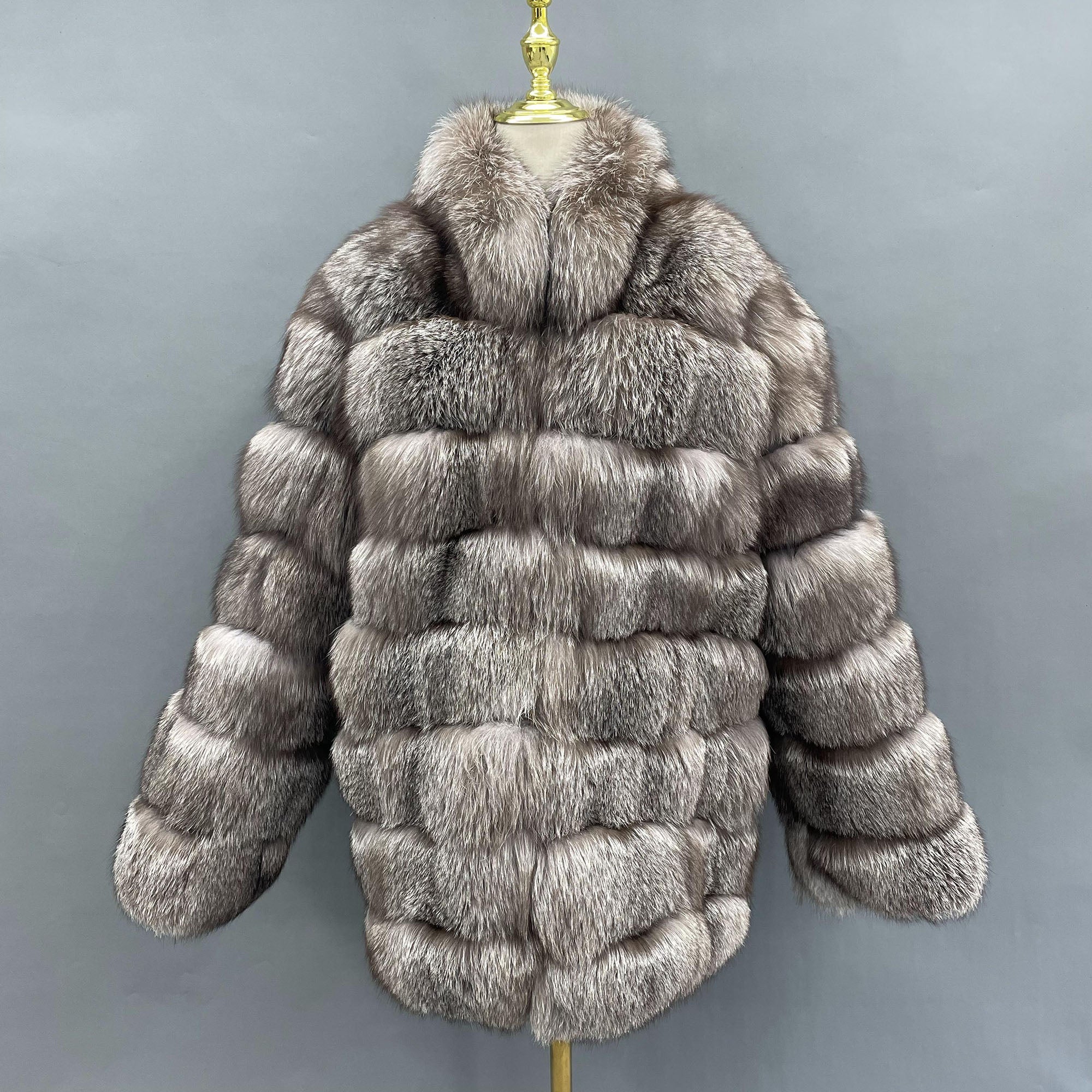 Men Real Fox Fur 8 Horizontal Stripe Stand Collar Luxury Fur Jacket