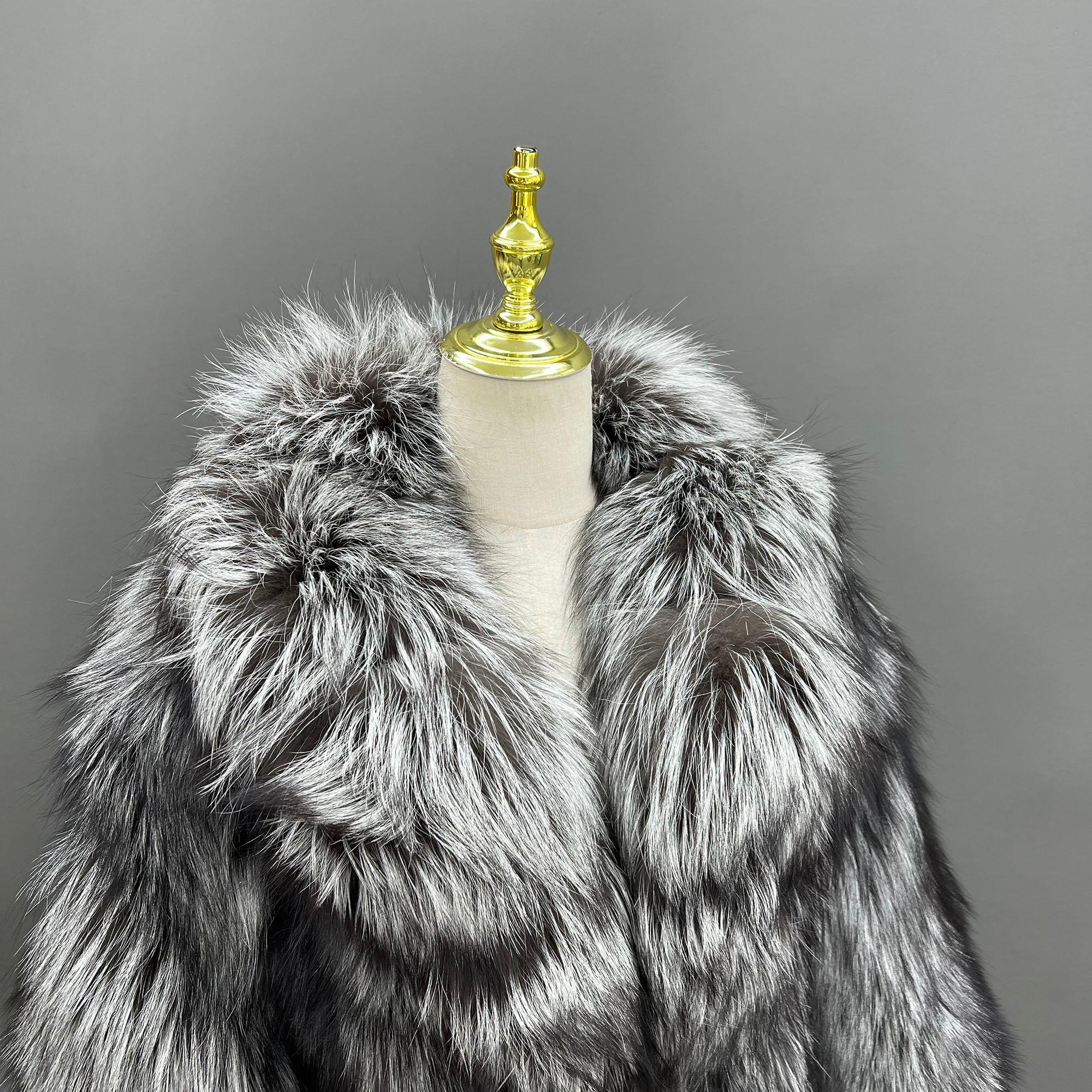 Women's Real Fox Fur Maxi Coat with Lapel Collar & Stacked Fur Placket