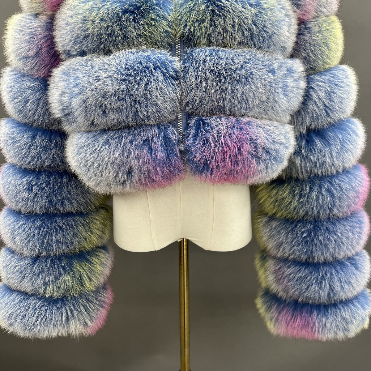 Women's Real Multicolor Fox Fur Cropped Jacket with Stand Collar & Zip Front — Downtown Rhythm