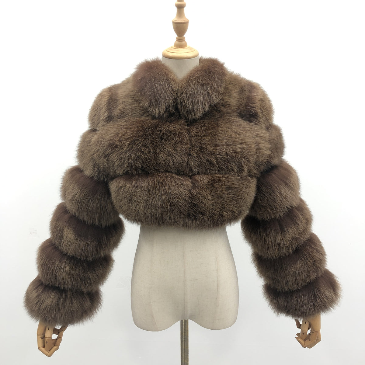 Women's Real Fox Fur Cropped Jacket with Three-Row Panels & Stand Collar — Downtown Rhythm