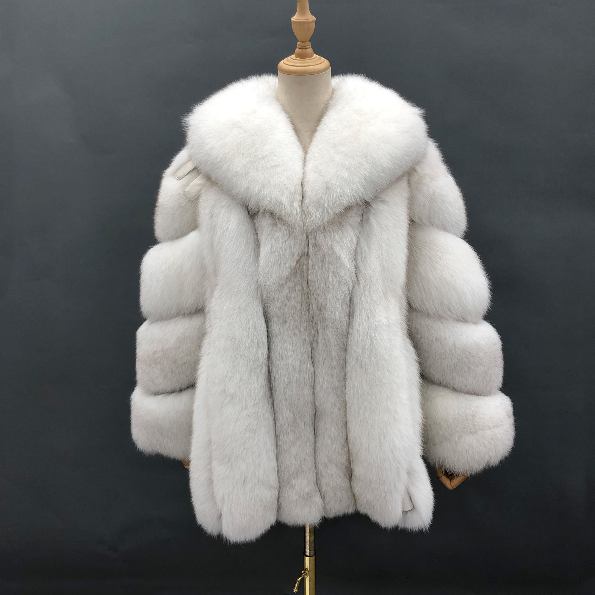 Women's Vertical-Stripe Fox Fur Oversized Coat with Banded Sleeves & Lapel Collar — Downtown Rhythm