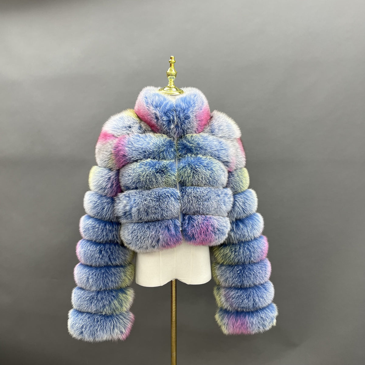 Women's Real Multicolor Fox Fur Cropped Jacket with Stand Collar & Zip Front — Downtown Rhythm