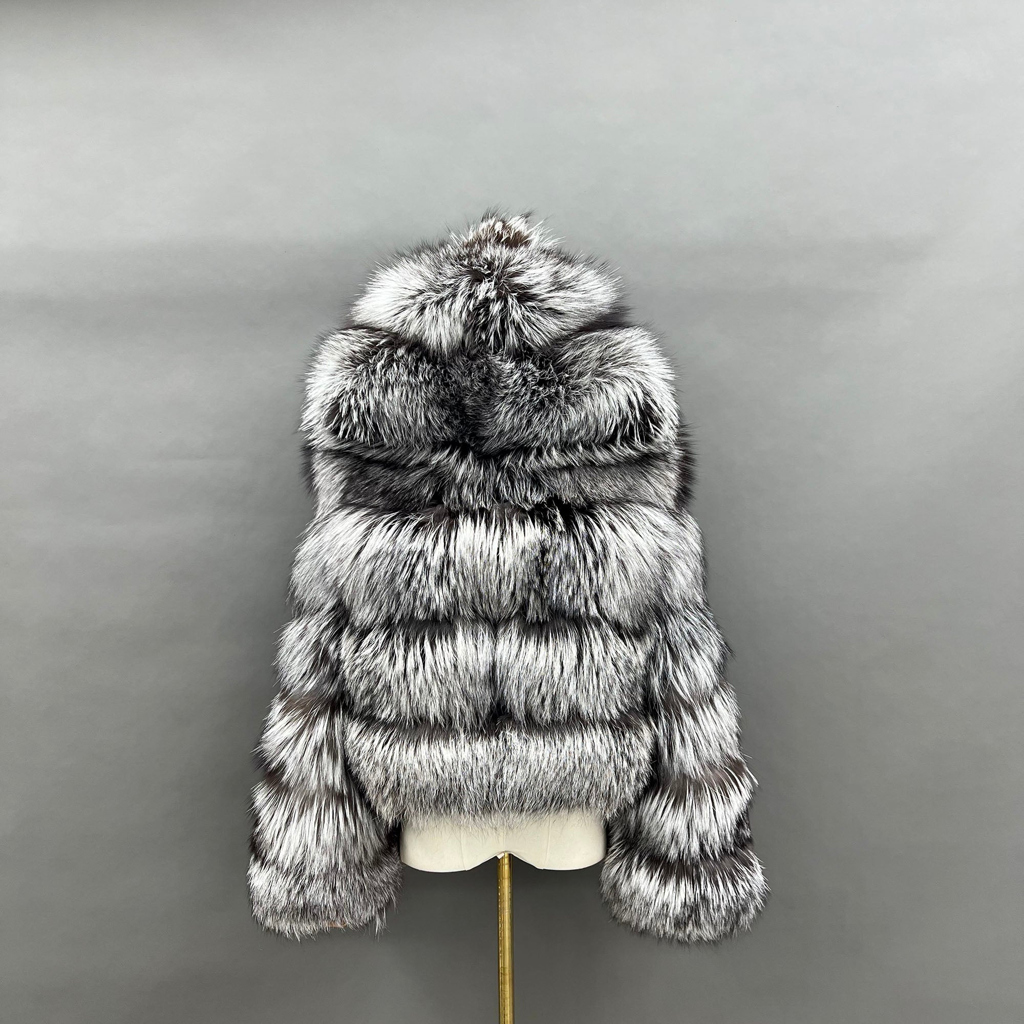 Women's Real Silver Fox Fur Hooded Cropped Jacket - Rainbow Dyed Silver Fox