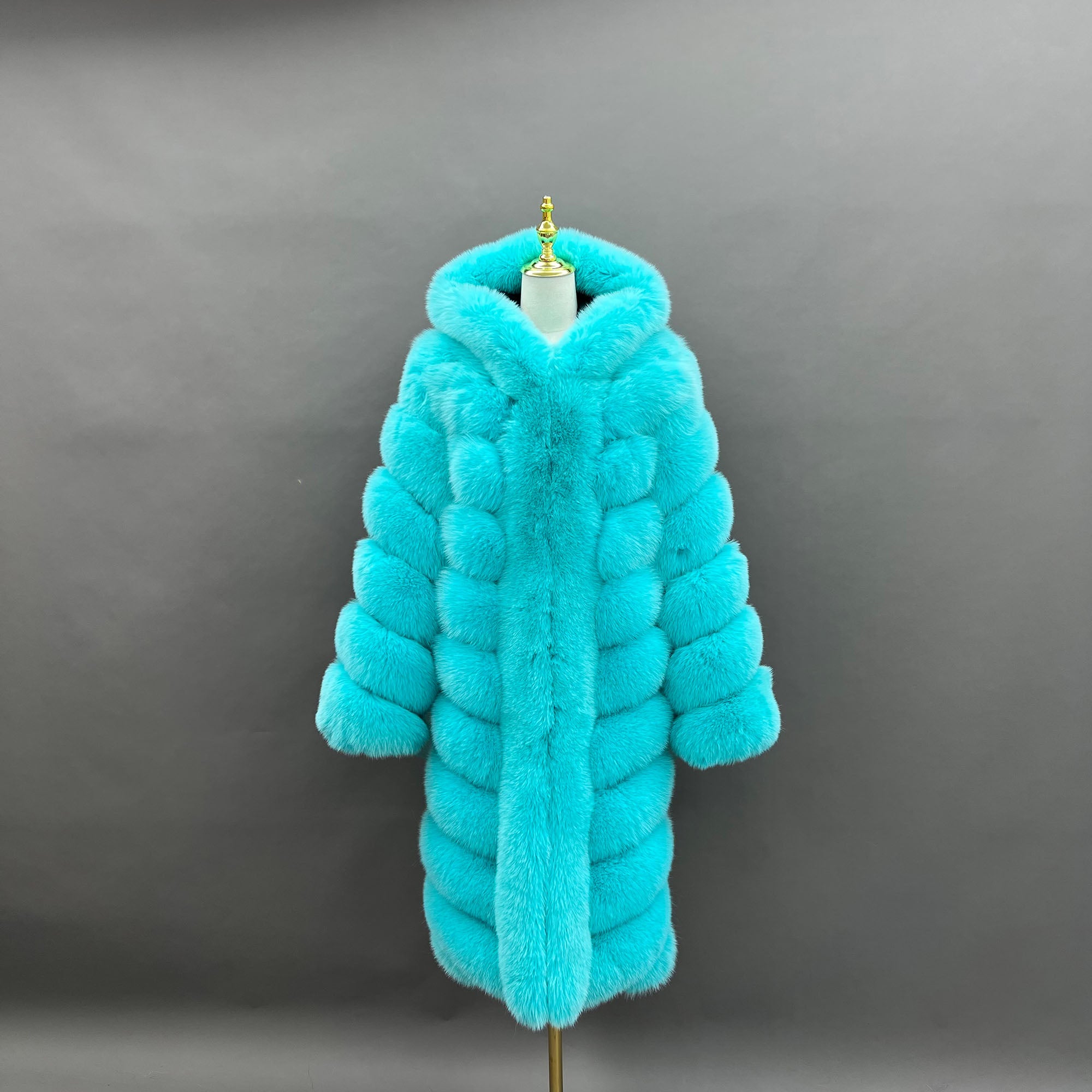 Women's Dyed Fox Fur Hooded Long Coat with Horizontal Stripe Panels — Downtown Rhythm