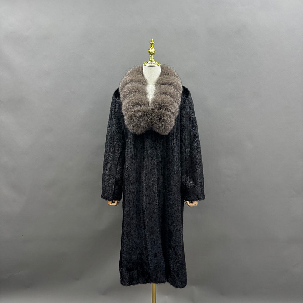 Women's Real Mink Fur Coat with Detachable Fox Fur Collar - Side View