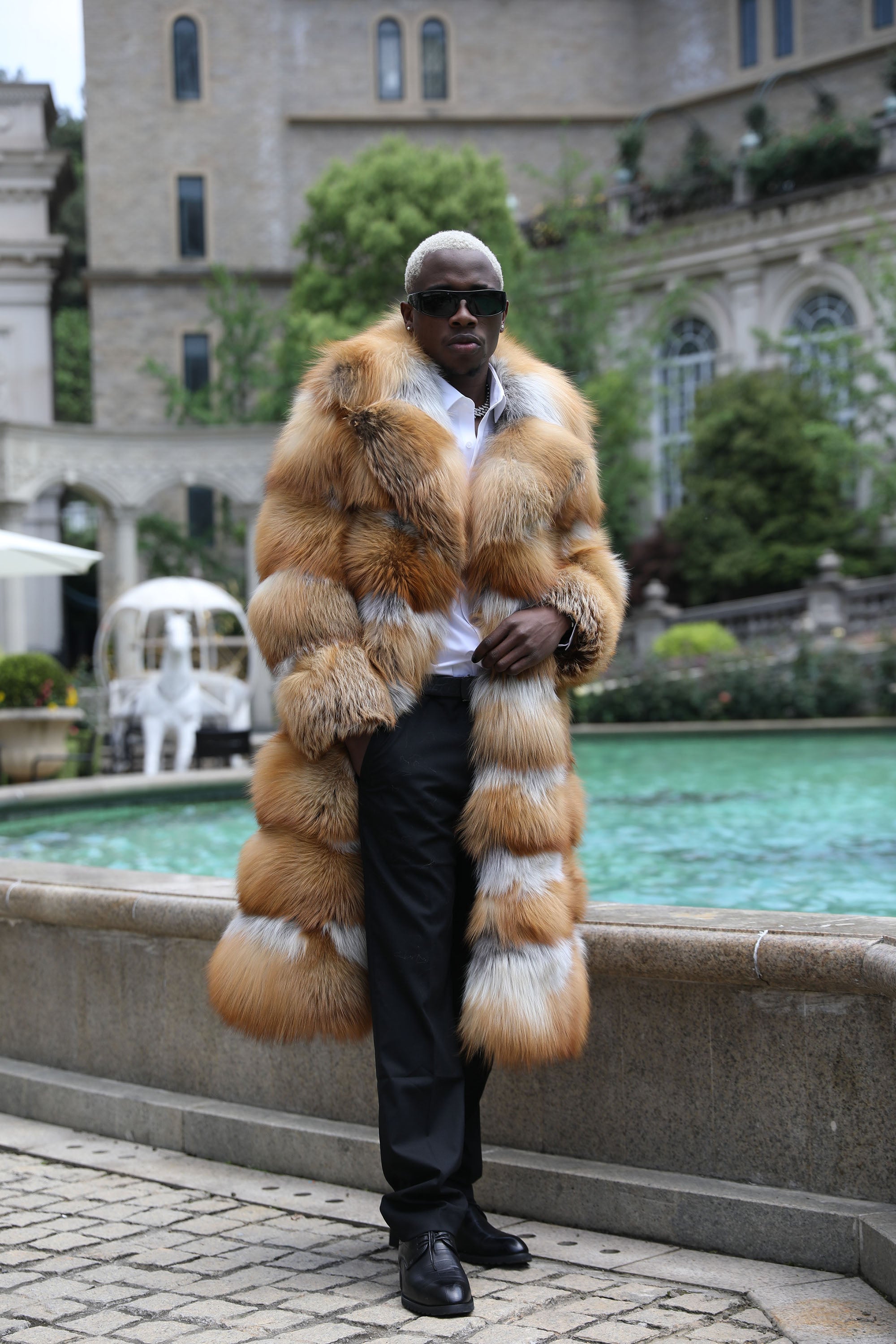 Men's Real Red Fox & Silver Fox Fur Long Coat | Luxury Full-Length