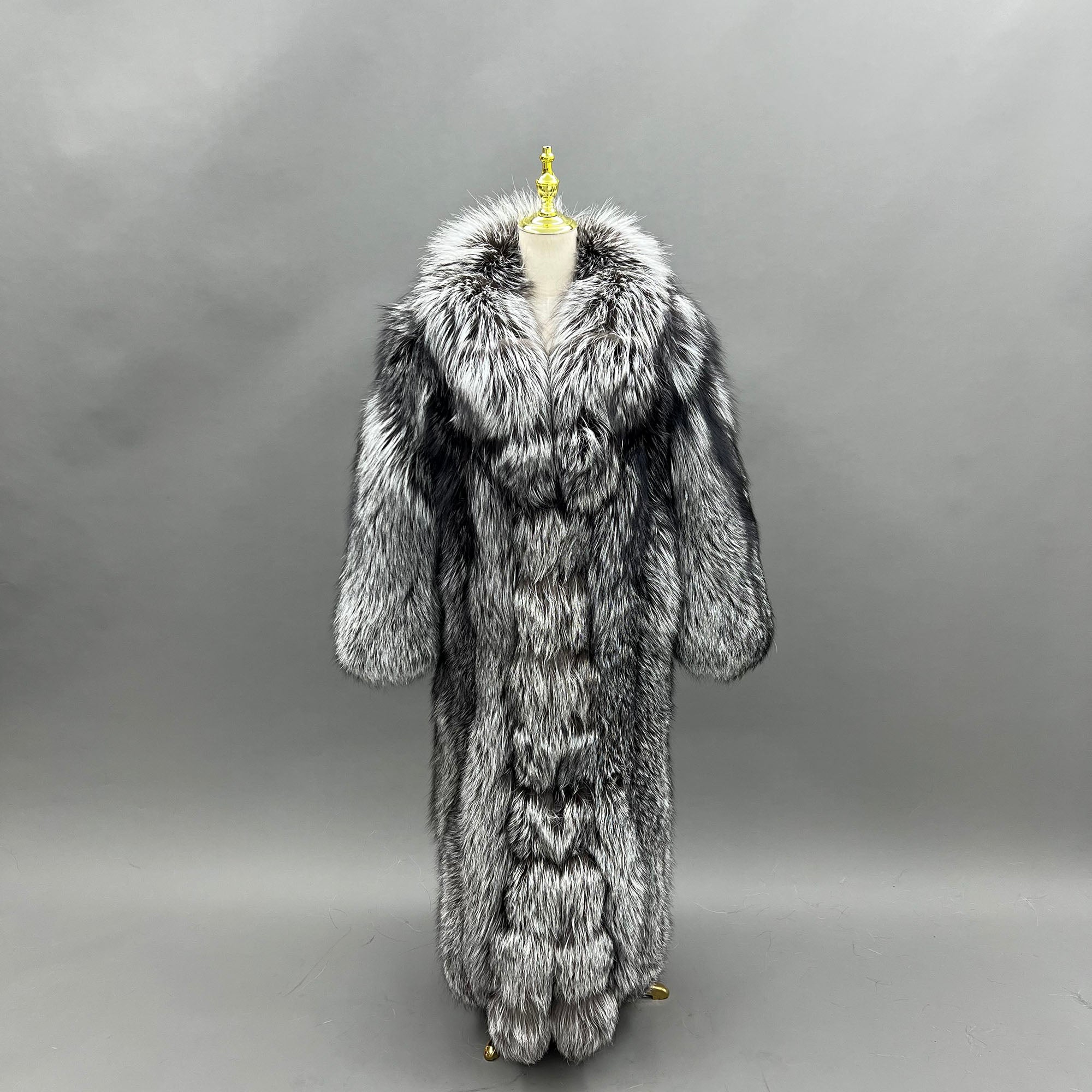 Women's Real Fox Fur Maxi Coat with Lapel Collar & Stacked Fur Placket